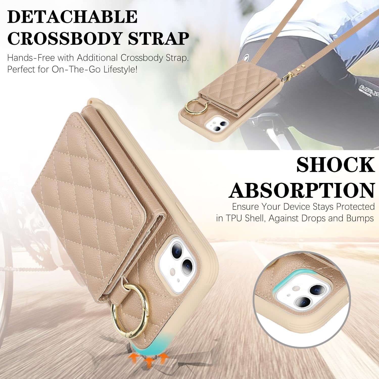 for iPhone 11 Case with Card Holder and Strap for Women,Crossbody Lanyard, Make Up Mirror,Ring Stand,Snap Clasp,Cute Phone Wallet Cases 6.1 inch - Off-White