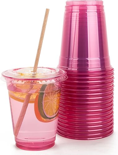 Miniatura 1 de Golden Apple, Juego de 50 vasos de plástico rosa y rojo de 16 onzas con tapas planas transparentes con agujero (50 tazas + 50 tapas) sin BPA