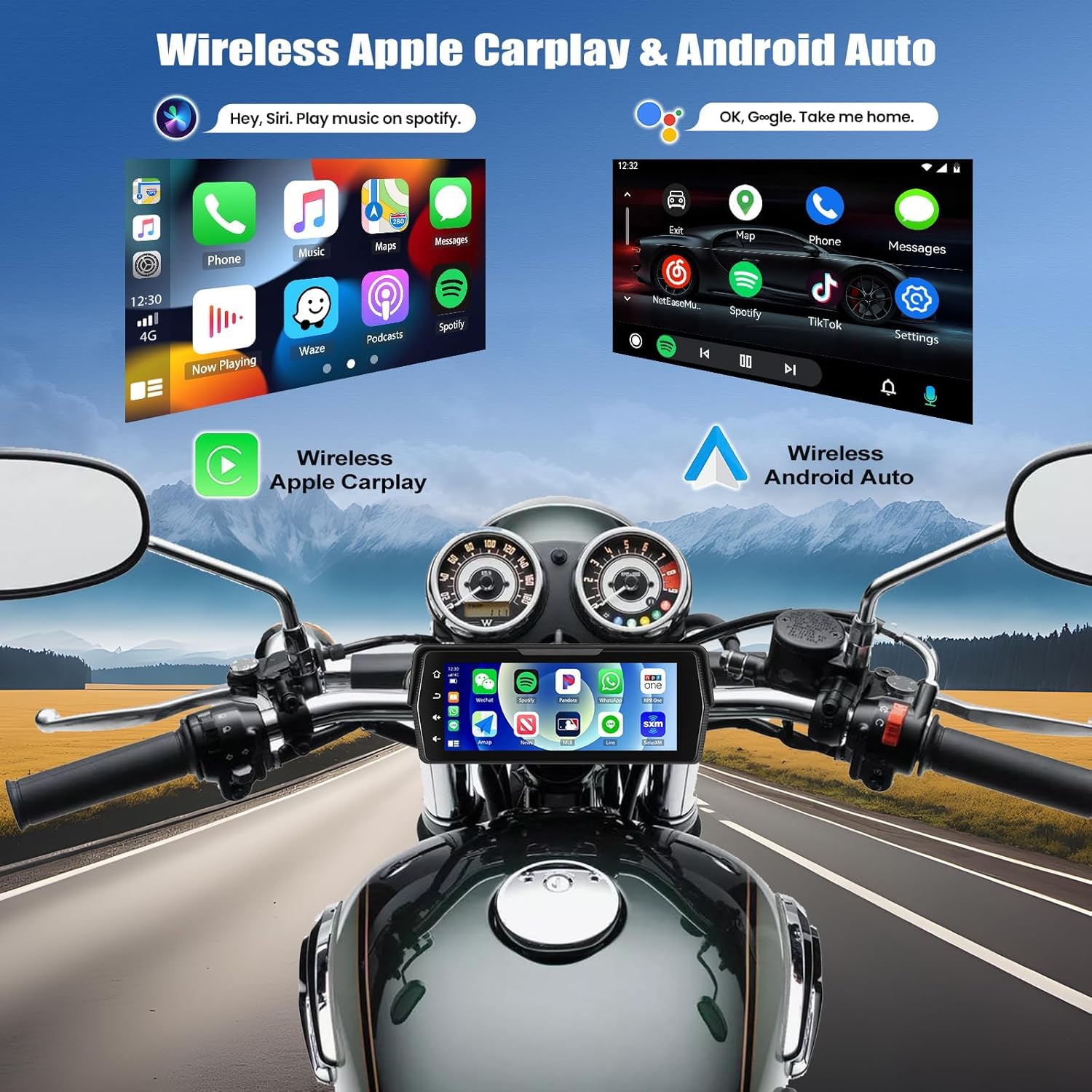 CAMECHO [Bezprzewodowy CarPlay] Pionowy 5-calowy ekran motocyklowy IPS HD bezprzewodowy CarPlay i Android Auto IP68 z Bluetooth uniwersalny monitor motocyklowy z regulacją EQ