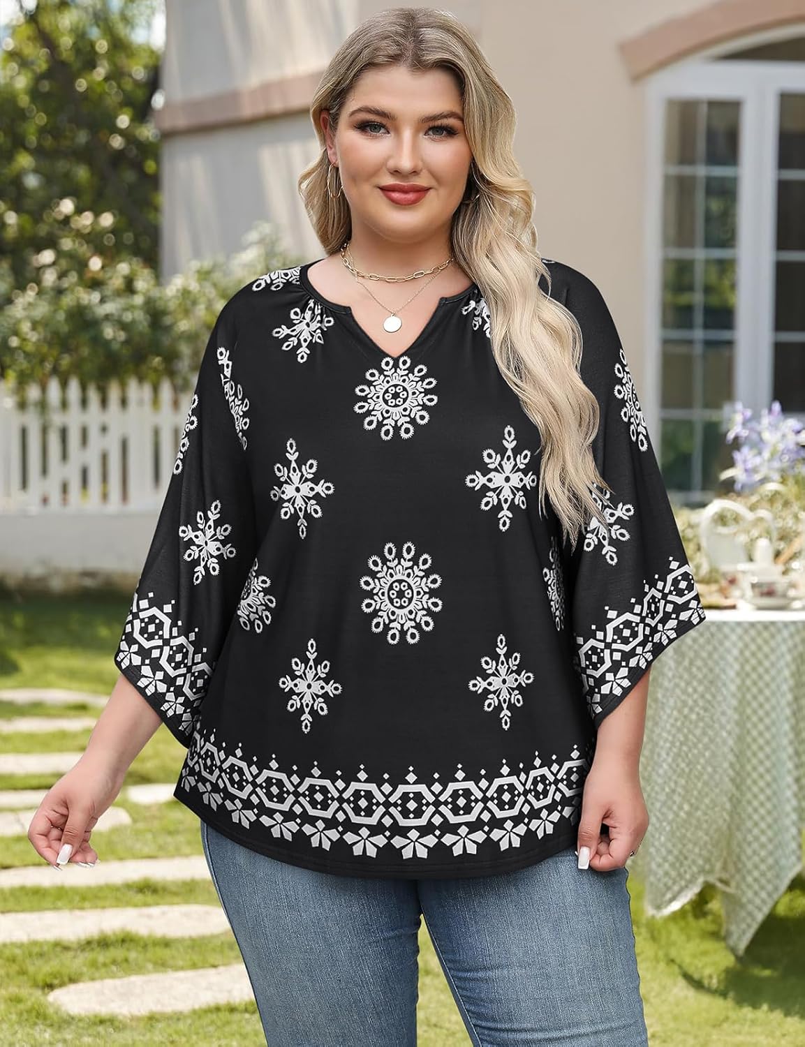 Koscacy Plus Size Tops for Women 3/4 Sleeve Shirts Casual V Neck Loose Fit Blouse - Image 4