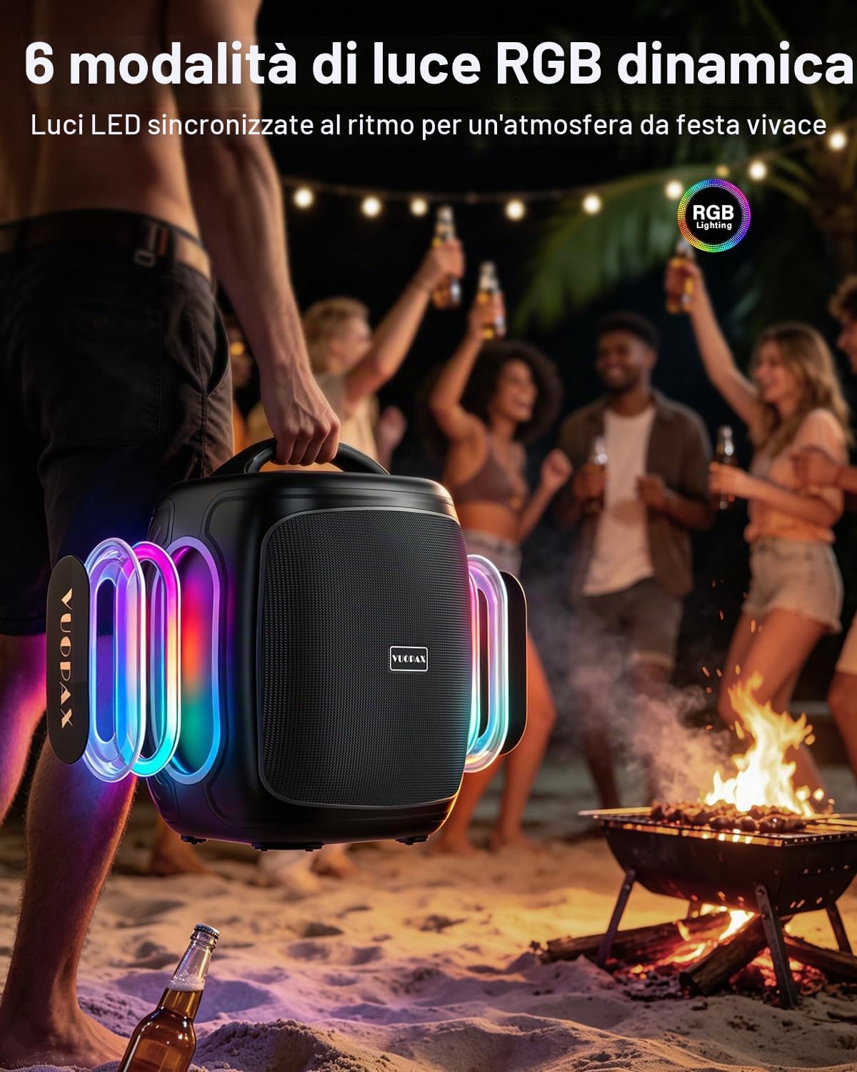 Cassa Bluetooth Portatile Potente 200W Peak Altoparlante Speaker Woofer 6,5 | Trasportabile con Maniglia, Bassi Potenziati, 30 Ore, Bluetooth 5.4, TWS, IP65, Luci RGB, per Campeggio, Giardino e Feste