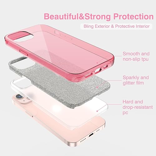 Miniatura 6 de MILPROX Funda compatible con iPhone 14  Carcasa de gel de goma brillante brillante con purpurina de 3 capas a prueba de golpes, color rosa