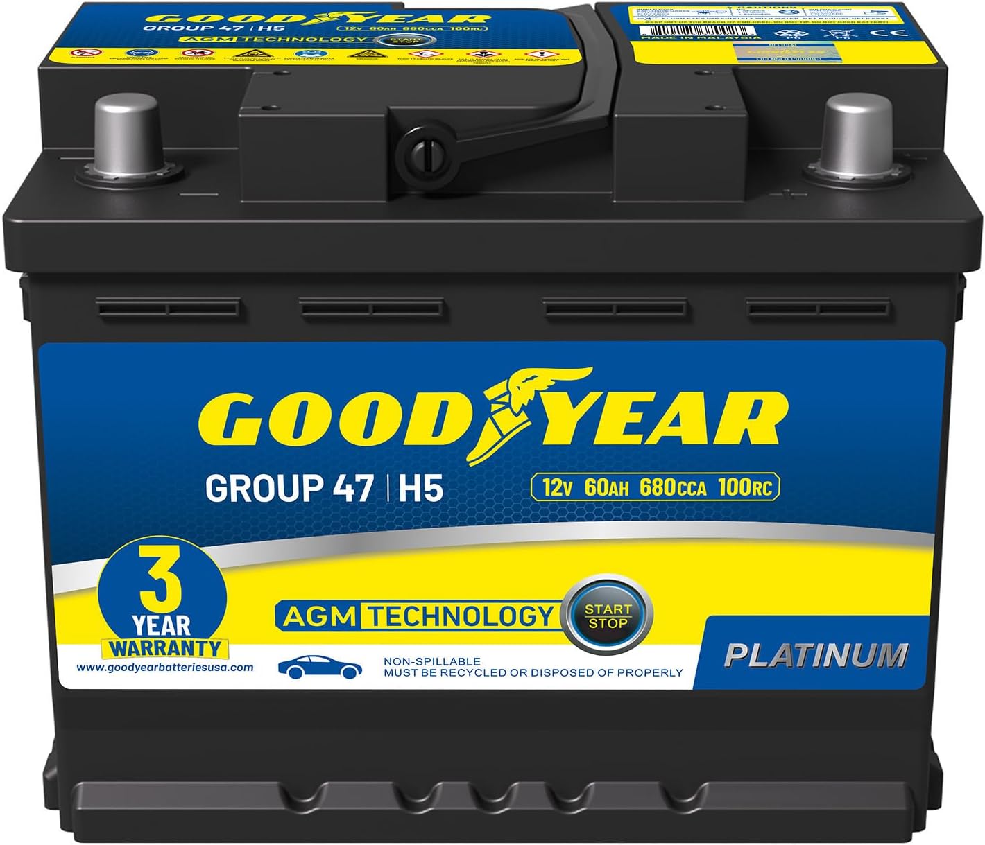Goodyear Platinum AGM Group 47 Battery 12V 60Ah 680CCA 100RC - Maintenance-Free Spill-Proof Car Battery