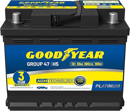 Goodyear 47-H5-AGM BCI Grupo Tamaño 47 12V 60 AH, 100RC, 680 CCA Platinum Series AGM recargable sin mantenimiento Batería automotriz