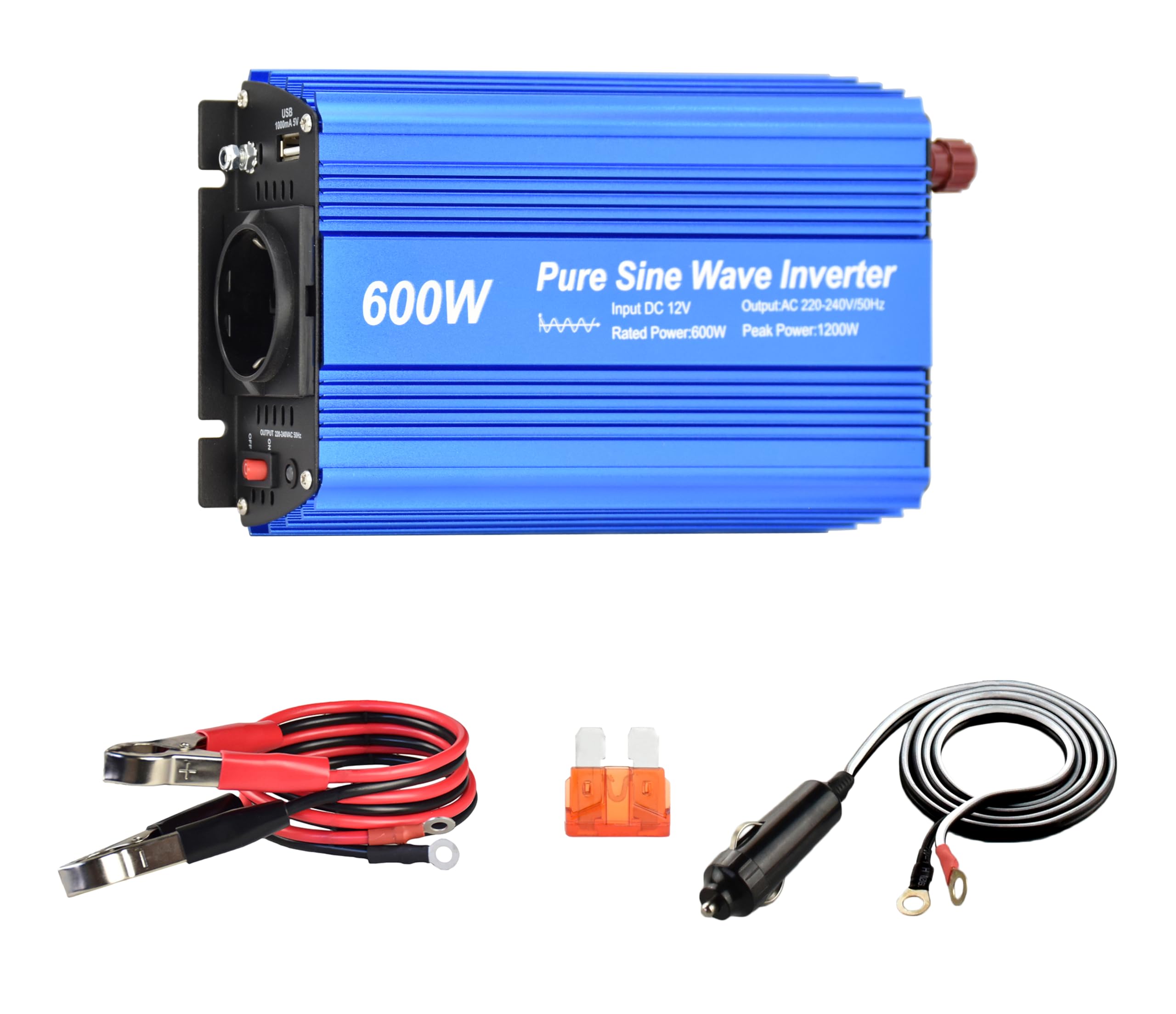 Inversor de onda sinusoidal pura de 600 vatios con enchufes alemanes, salida USB DC 5 V 2 A (600 W)