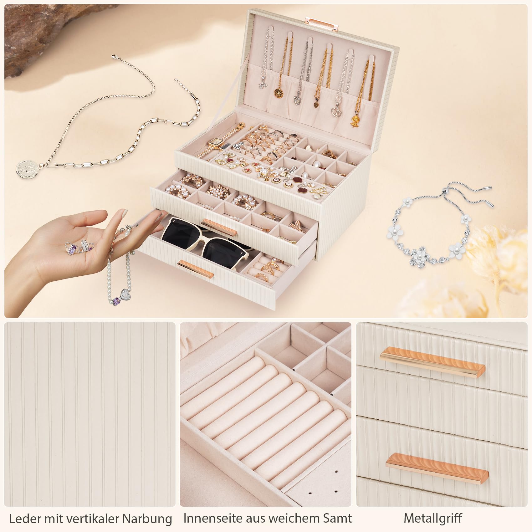 Dajasan Schmuckkästchen, Groß Schmuckaufbewahrung, 3 Ebenen Schmuckkasten mit 2 Schubladen, Schmuckschatulle für Schminktisch, PU-Leder Vertikale Textur, Modern, Geschenk für Damen Mädchen (Beige)