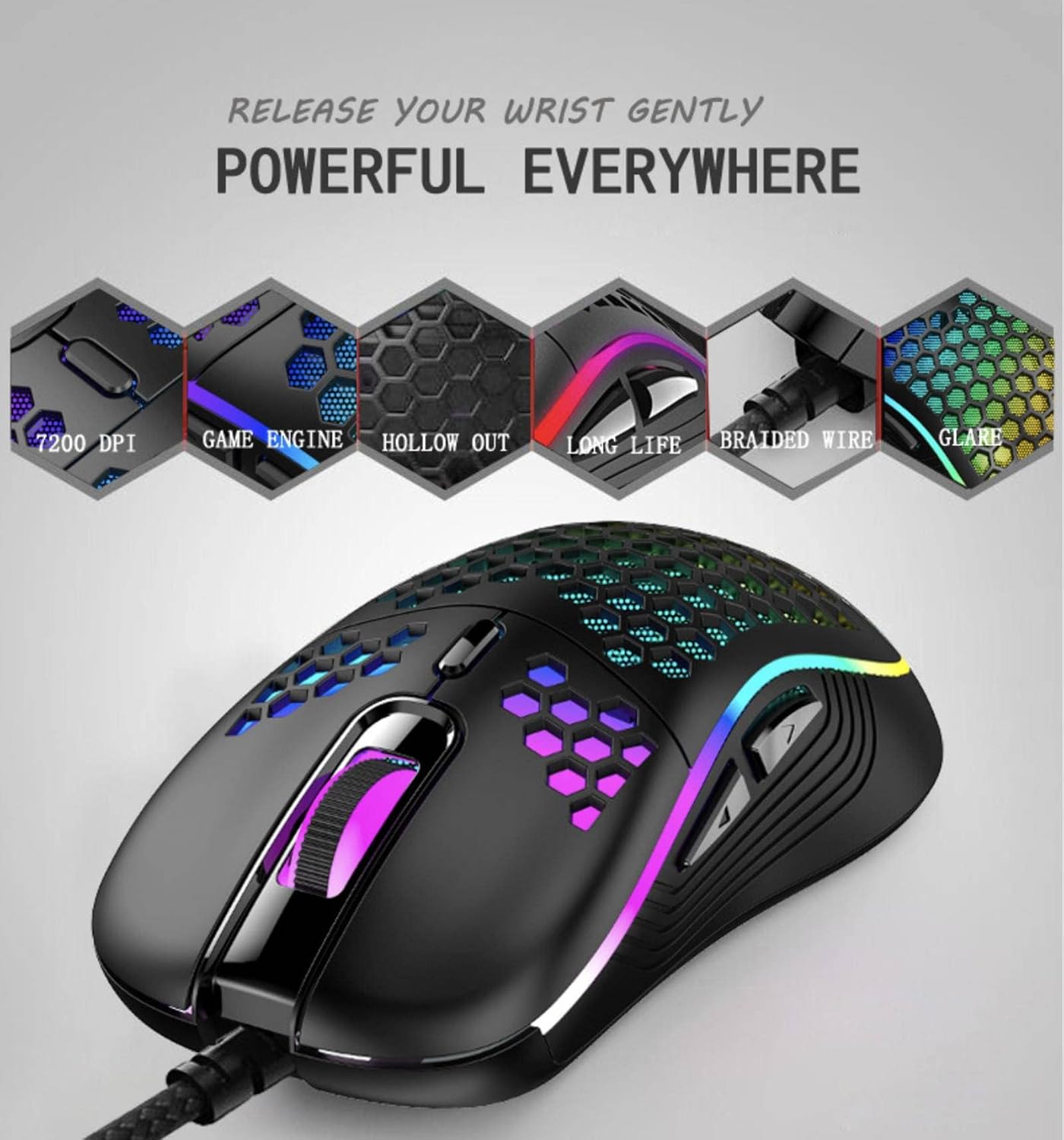 Seven-Color Luminous Hollow Mouse Computer Game Office Mouse E-Sports USB Wired Desktop Laptop Mouse Backlight Color Game Mouse image 5
