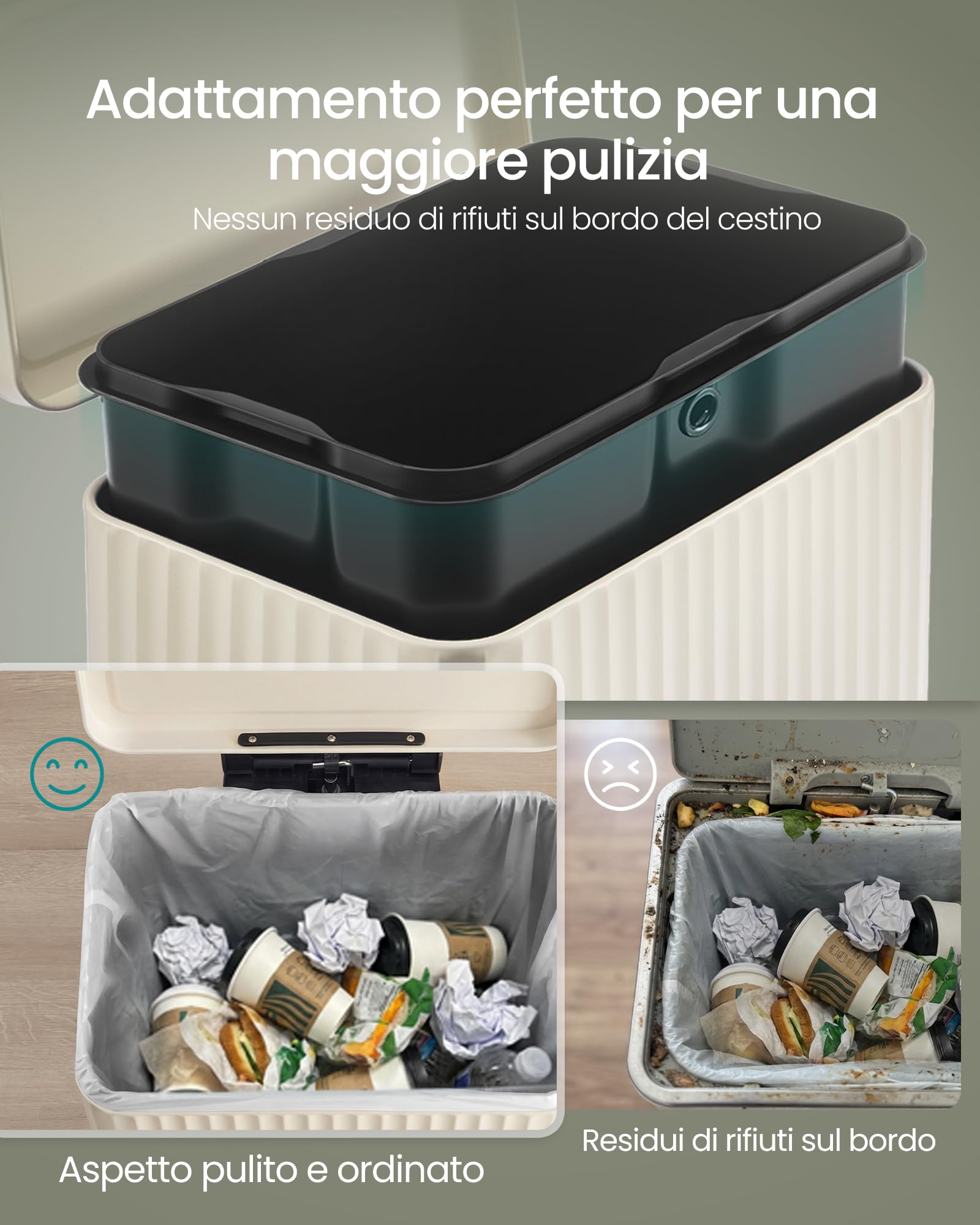 SONGMICS Pattumiera da cucina, 50 l, con pedale, coperchio a chiusura silenziosa e secchio interno rimovibile, in acciaio, 15 sacchi della spazzatura (codice K) inclusi, bianco crema LTB586LZ02