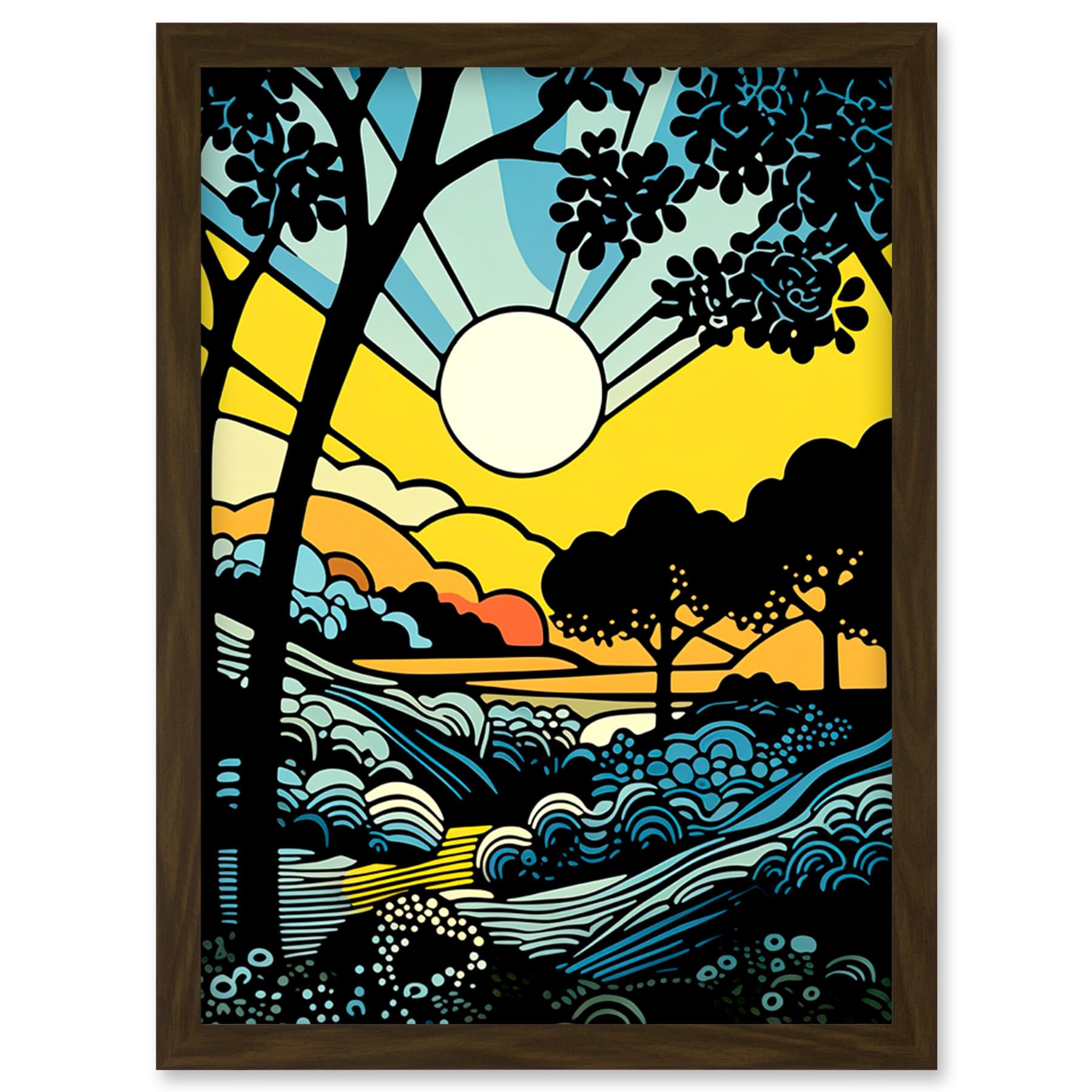 Artery8 Forest Sunrise Landscape Sun Rays Patterns Blue Orange Pop Art Comic Book Halftone Artwork Framed Wall Art Print A4