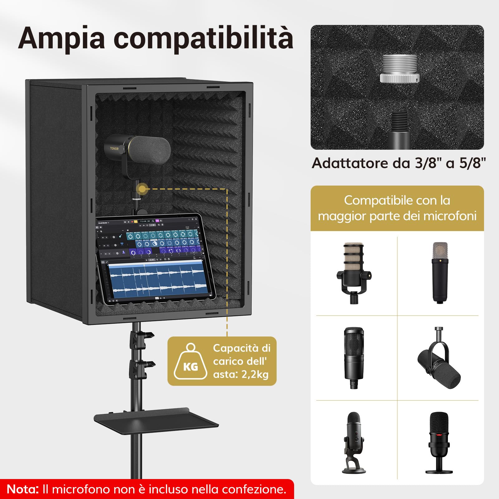 TONOR Targhetta Isolante Microfono per Studio, Scatola in Schiuma Acustica Incorniciata per Registrazioni Professionali, Filtro Microfono per Assorbimento Acustico, Cabina di Canto, Podcast, 190 cm