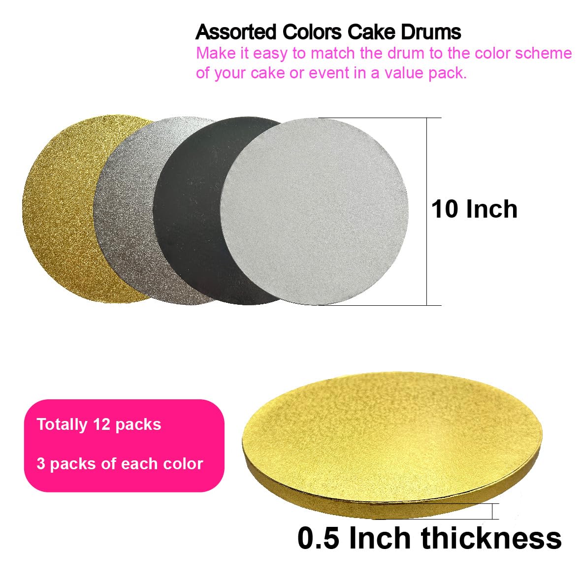 12 Packs Thick Cake Drums, Greaseproof 10 inch Assorted Round Cake Drum in Gold Black Sliver White Cake Base, Cardboard Cake Boards for Presenting Heavy/Tall Tiered Cakes, Base para Pastel