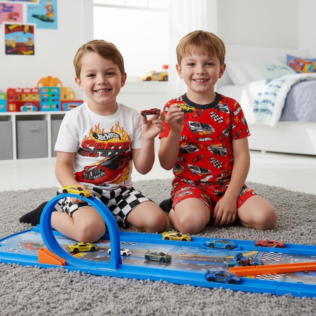 Hot Wheels Boys Pajama Set - Snug-Fit PJs 4 Piece Short Sleeve & Shorts Pajama Set - Kids Summer Pajamas - Official License