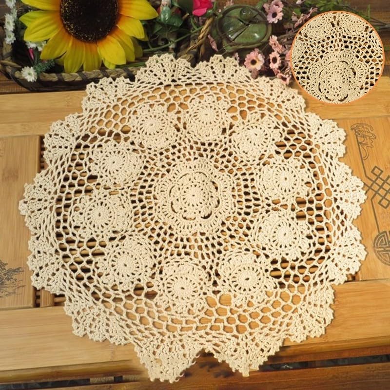 NAPPERONS CROCHET D'ART FAIT MAIN COTON ECRUS RONDS 14CM