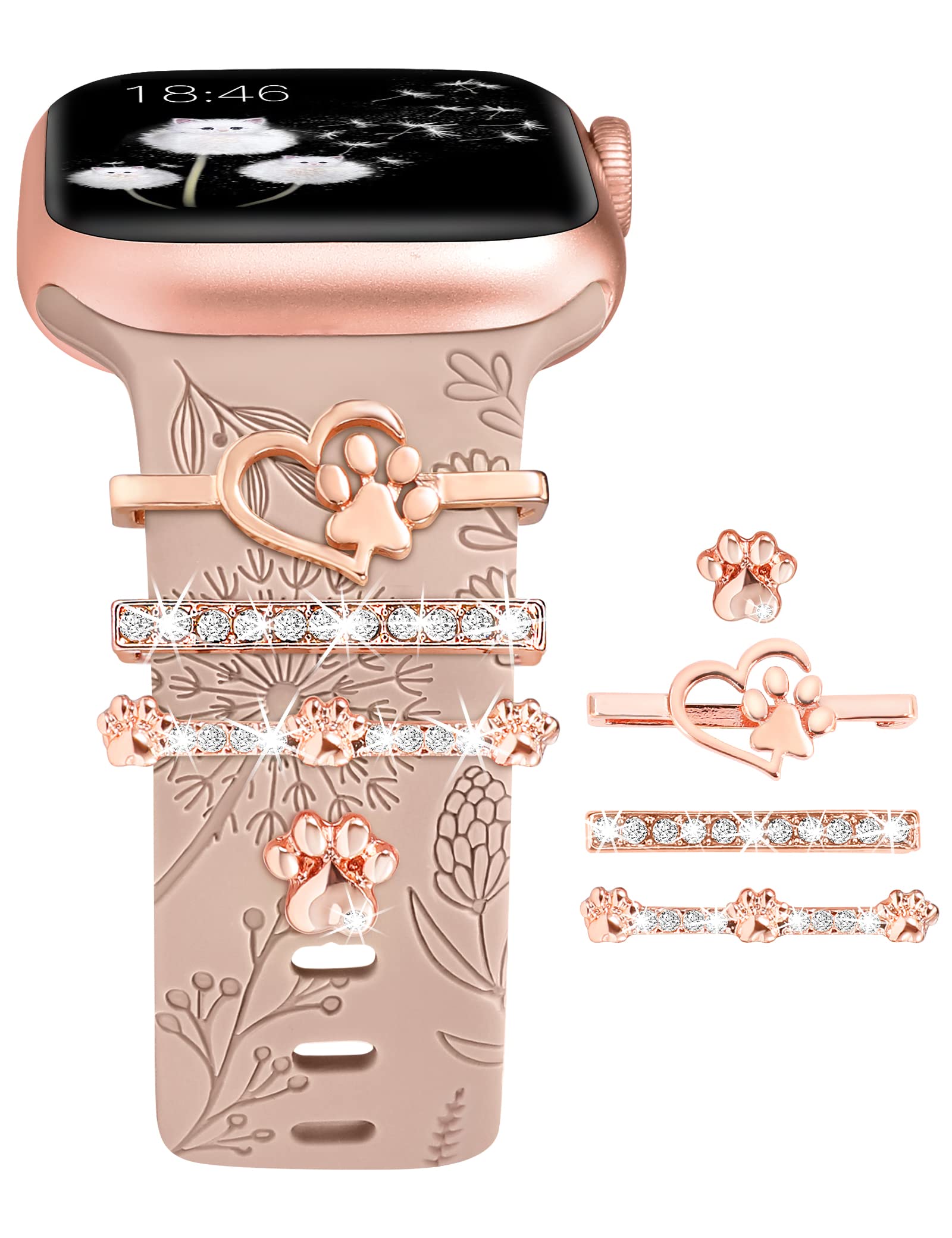 TOYOUTHS(Strap Included) Charms Ring Loops Compatible with Apple Watch Straps 41mm 40mm 38mm 42mm Jewelry Accessories Silicone Engraved Dandelion Strap for iWatch Series 10/9/8/7/6/5/4/3/2/SE, Milk Tea/Love