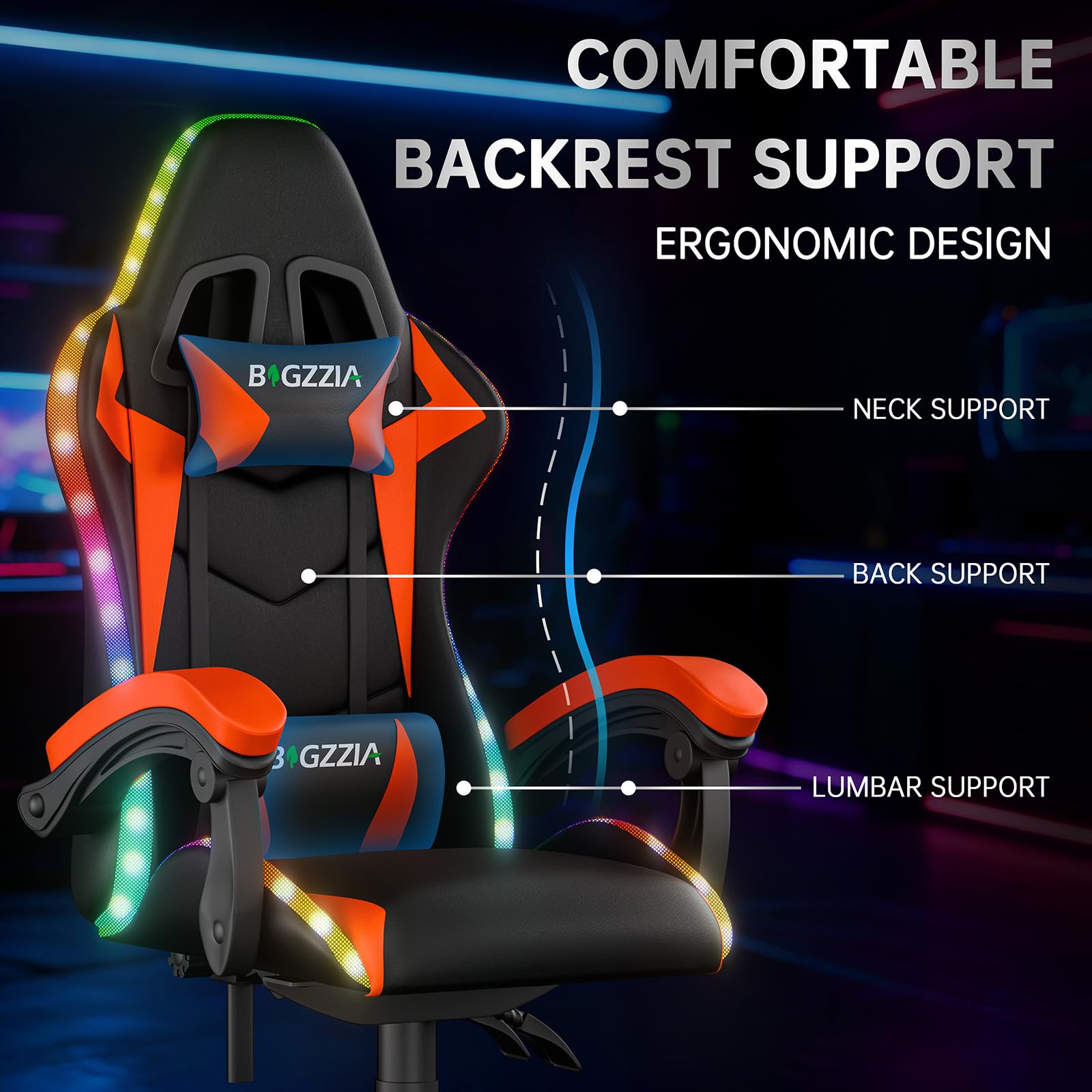 Silla para videojuegos con iluminación LED, silla ergonómica con luz RGB, reposacabezas ajustable y soporte lumbar, piel sintética, silla de oficina, altura e inclinación ajustable (negro y rojo)