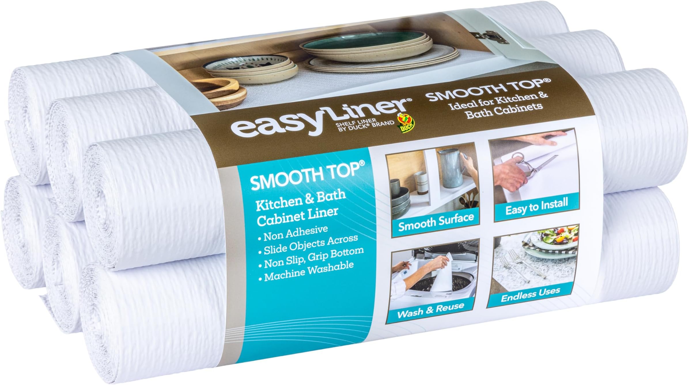 Smooth Top EasyLiner for Cabinets & Drawers, Easy to Install, Shelf Paper & Drawer Liner Non Adhesive, Non Slip Shelf Liner for Pantry, Kitchen Essentials, 20 in x 6 ft (6 Pack), 36 ft, White