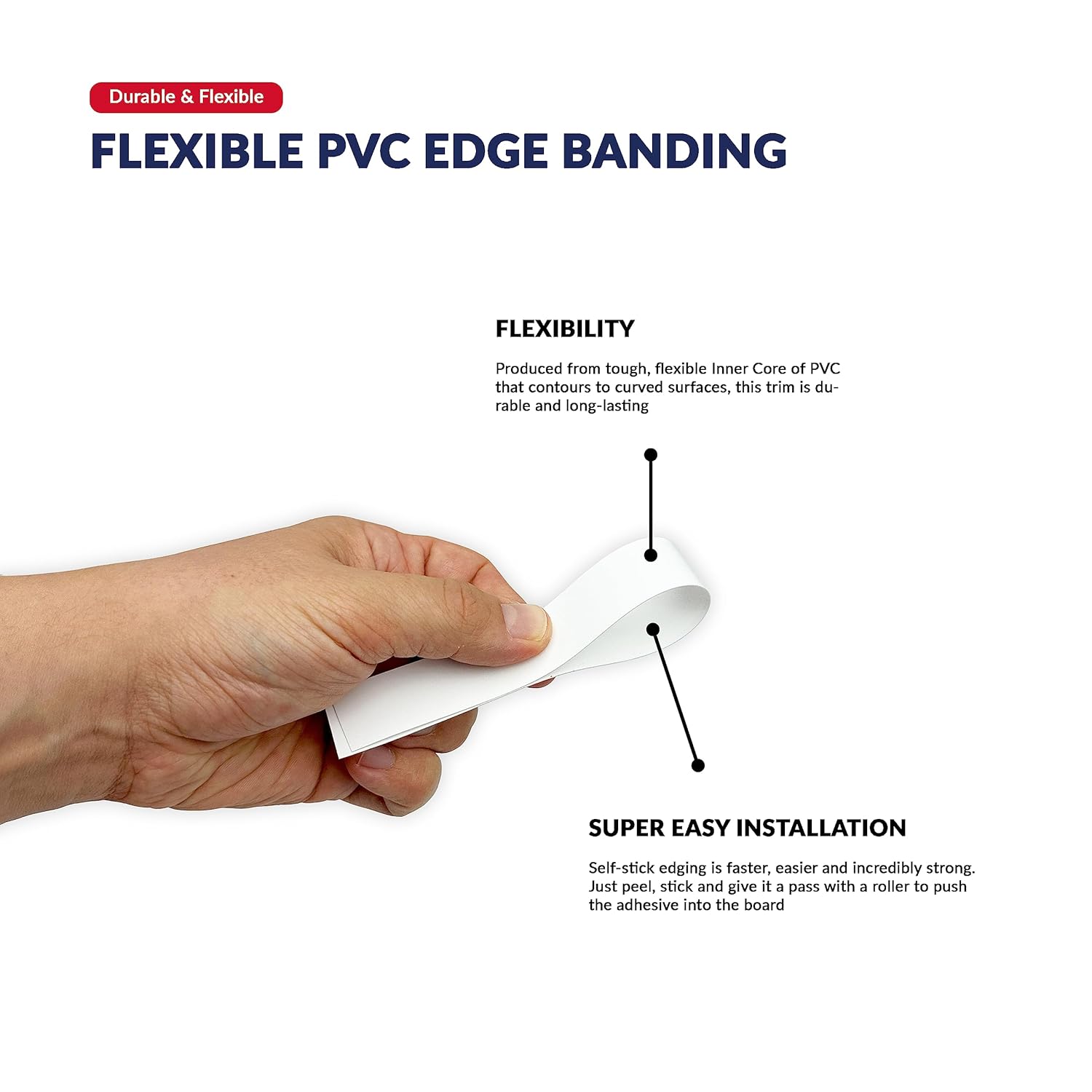 White PVC 7/8 inch x 100 ft Edge Banding Tape Peel Stick Adhesive Edging Veneer Trim Flexible Vinyl Strip Molding Wood Cabinet Laminate Shelf Furniture Countertop Formica Plywood Board Repair