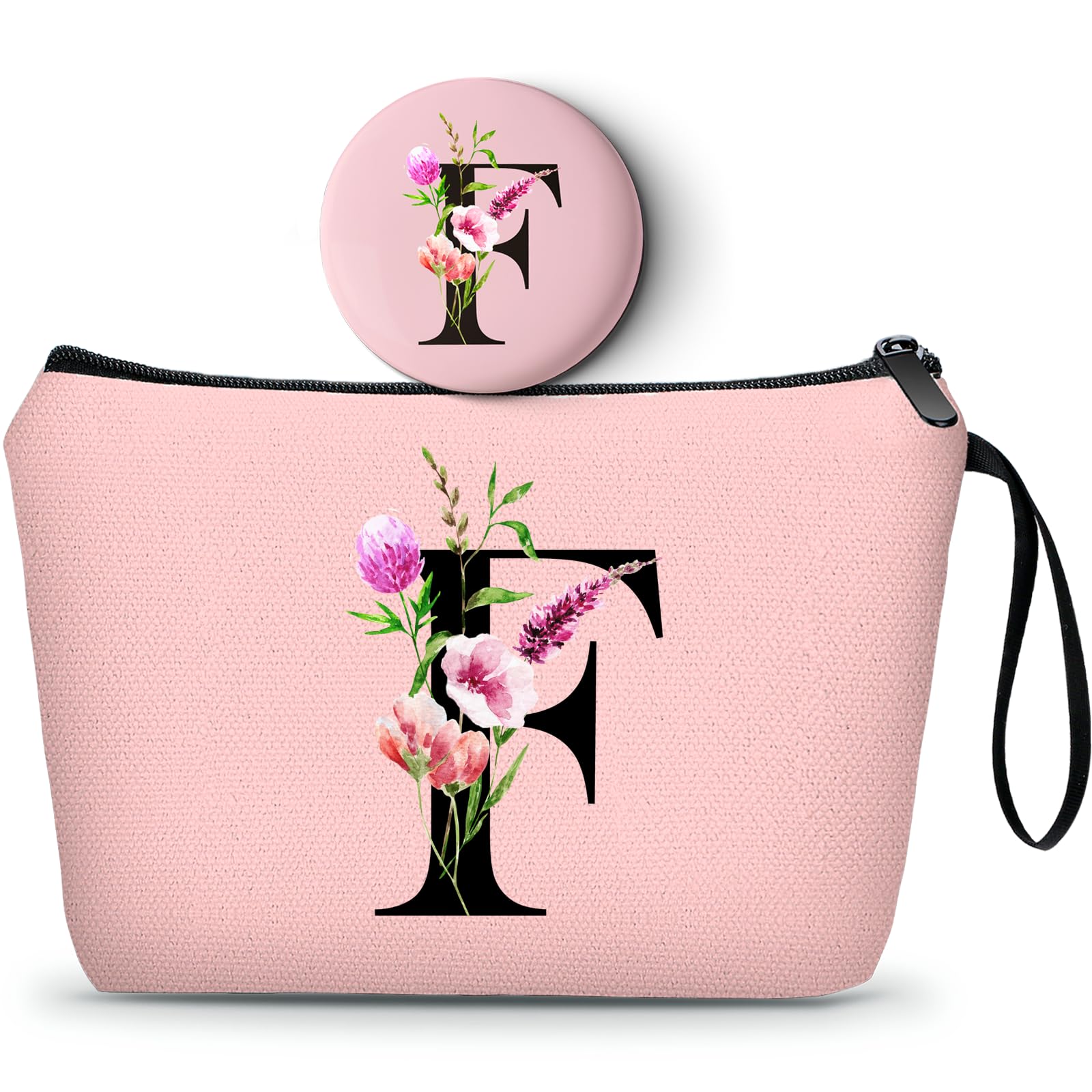 A-Z Friendship Gifts for Women, Pink Initial Makeup Bag with Mirror, F