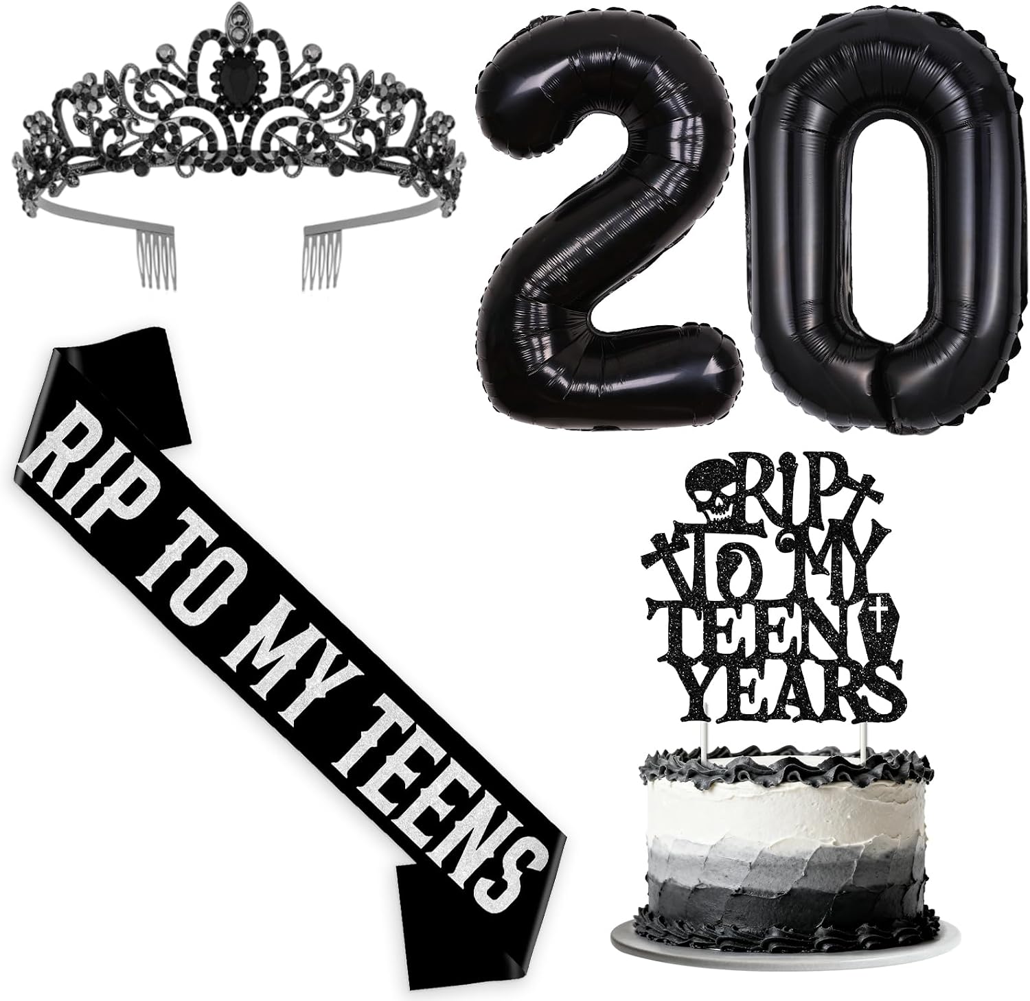 Rip to My Teens Birthday Decoration Accessories Include Rip to My Teen Years Cake Topper Sash Crown Foil Balloon for Girl’s 20th Gothic Kissing My Teens Goodbye Hello Twenties Birthday
