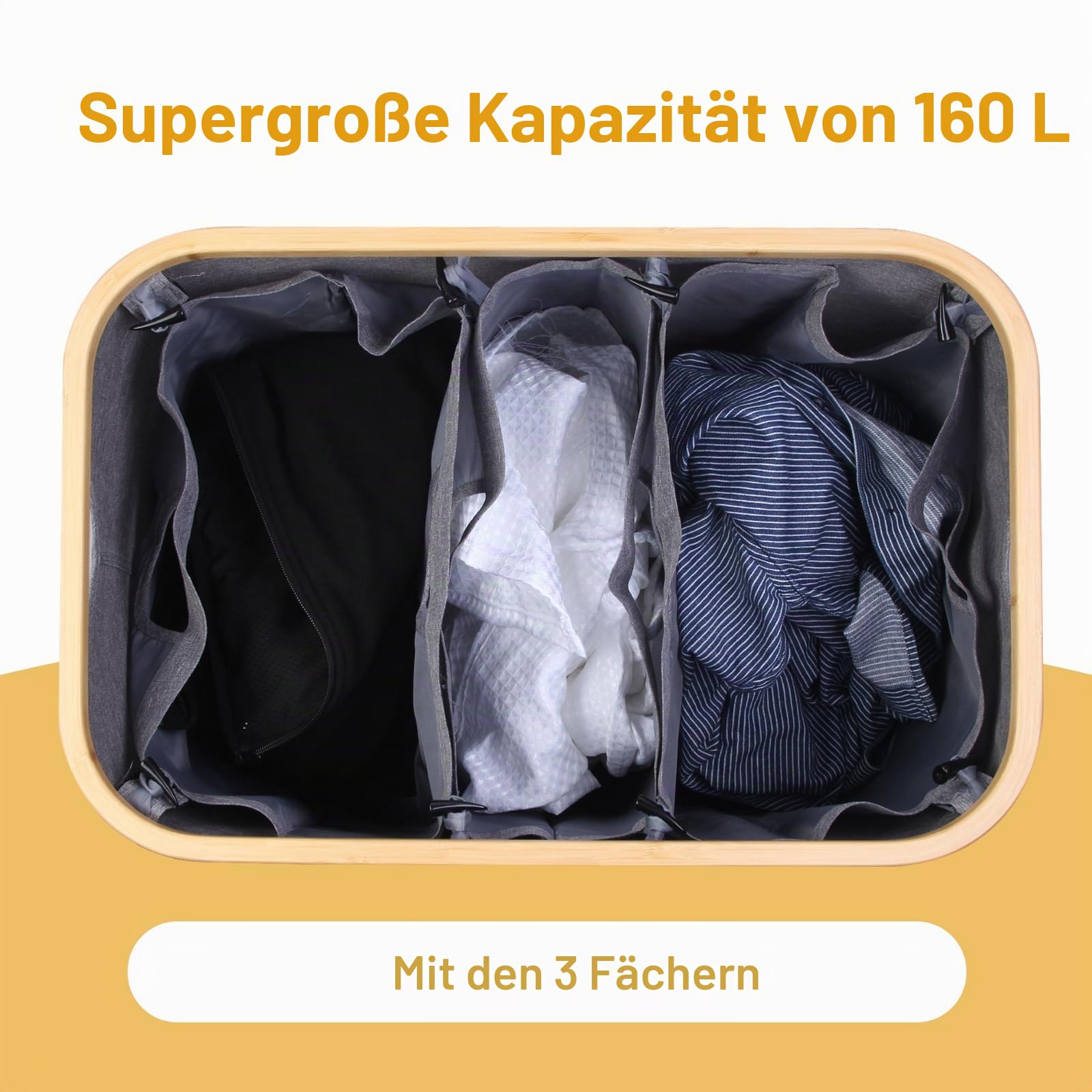 Wäschekorb 3 Fächer mit Deckel Grau, 160L herausnehmbaren Wäschesammler schmal mit Deckel 3 fächer, Wäschebox, Waschekorbsammler Wäschesortierer-pfandflaschen sammelbehälter