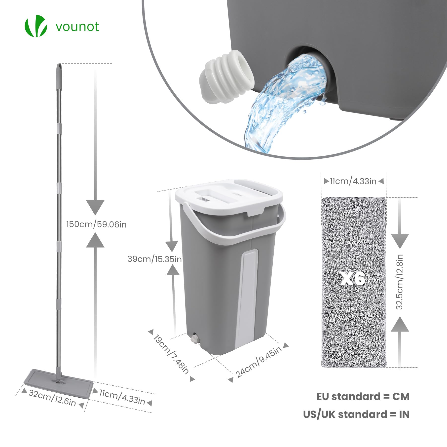 VOUNOT Wischmopp Set mit Eimer, Bodenwischer zum Auswringfunktion, Flacher Mikrofaser & Putzset mit Edelstahlgriff, 6 Wiederverwendbare Wischmop Ersatzbezüge, alle Arten von Böden Grau