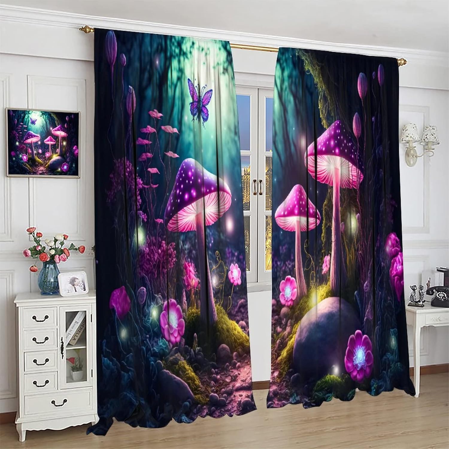 Mushroom Blackout Curtain, Retro Abstract Purple Cartoon Style Flower Butterfly Mushroom Home Decor Windows Rod Pocket Curtain for Bedroom Living Room Kitchen Cafe Office Drapes 42x63in
