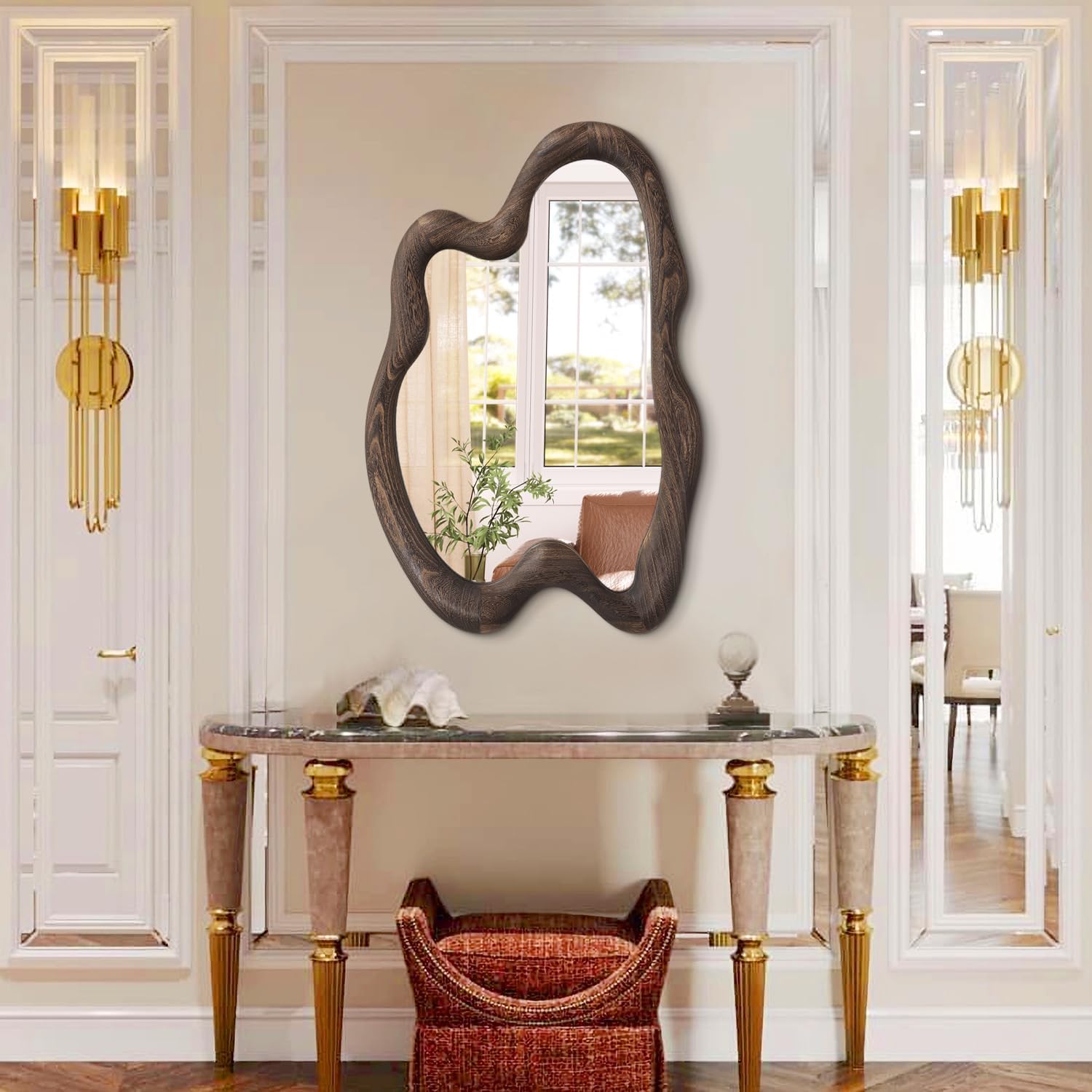 AAZZKANG Large Rustic Wall Mirror with Wooden Frame Vintage Irregular Wall Mirror 28"x20"Asymmetrical Hanging Mirror for Bathroom Bedroom Living Room Entryway