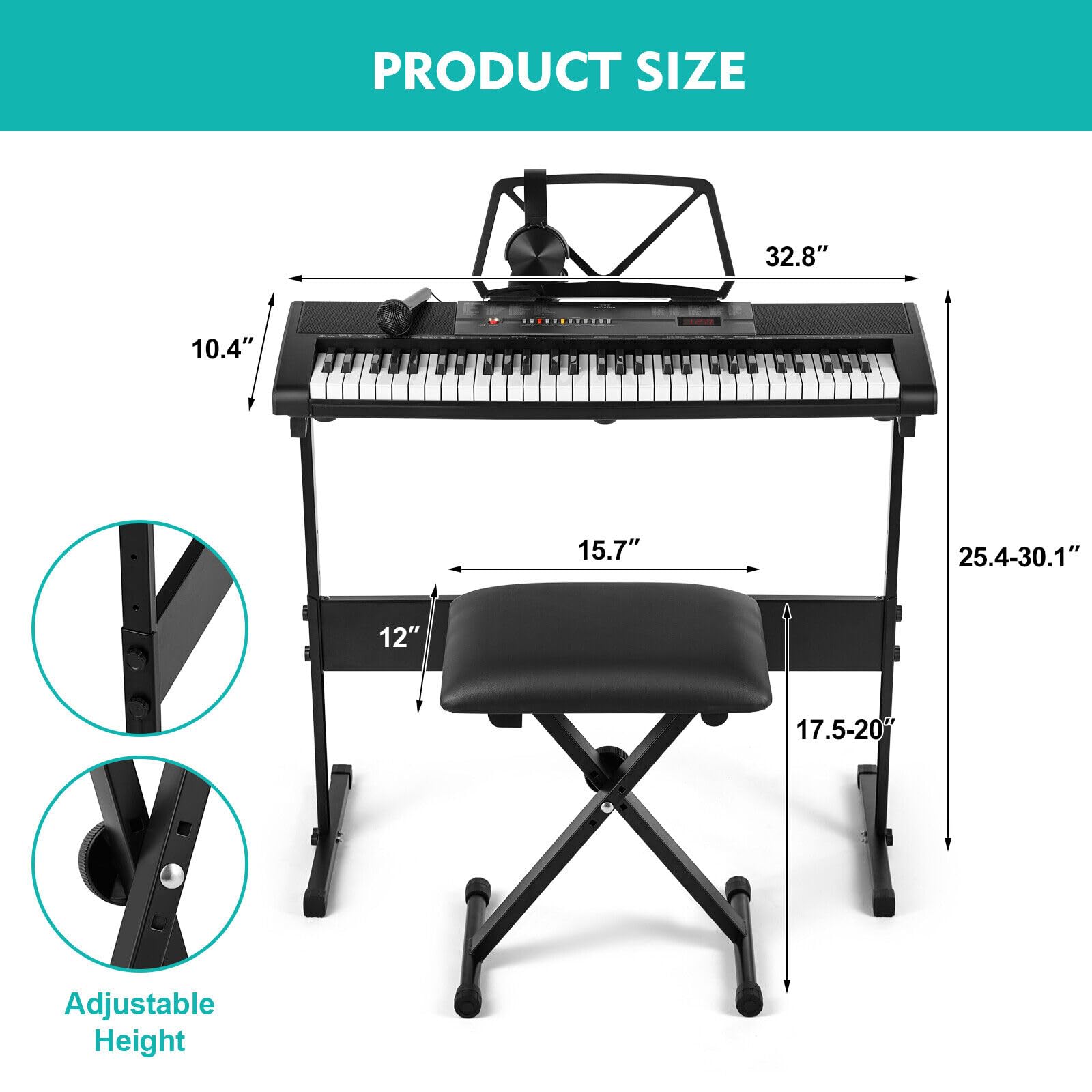 Pianoforte elettronico a 61 tasti con tasti illuminati, LCD, cuffie, supporto a X, sgabello, ripiano per spartiti, microfono, adesivi per note, altoparlanti integrati, 3 modalità di insegnamento