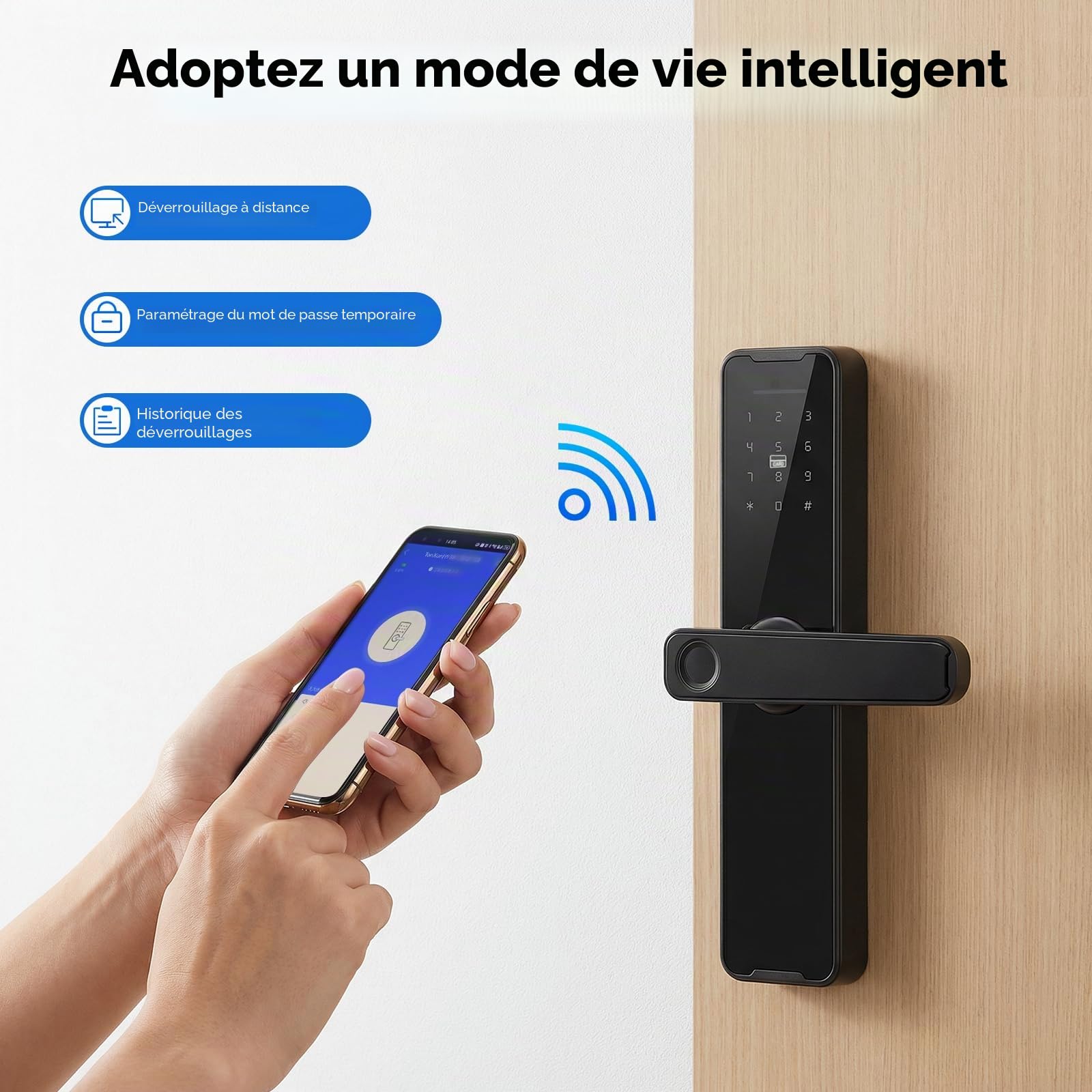 Serrure Connectée WiFi Empreinte Digitale 5 Méthodes Déverrouillage, TUYA App Carte Clé Code, Alarme Sécurité Anti-Effraction Porte 30-50mm Serrure Intelligente Avec Poignées