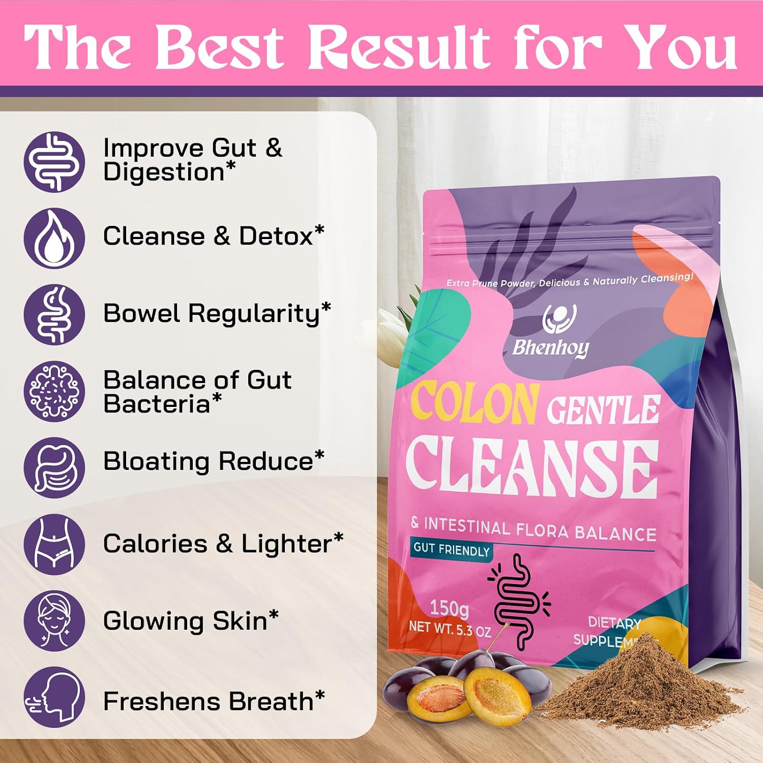 Colon Gentle Cleanse & Detox, Gut Cleanse Detox for Women & Men, for Digestion, Gut Health*, Intestinal Flora*, Constipation*, with 7 Probiotics, Psyllium Husk Powder & Fiber Supplement, Prune, 5.3 OZ