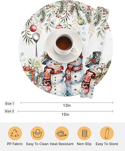 Miniatura 7 de Round Braided Placemats Set of 2 Non-Slip, Xmas Ball Red Snowman Gift Box Leaves Christmas 15 Inch Heat Resistant Washable Woven Place Mats Outdoor