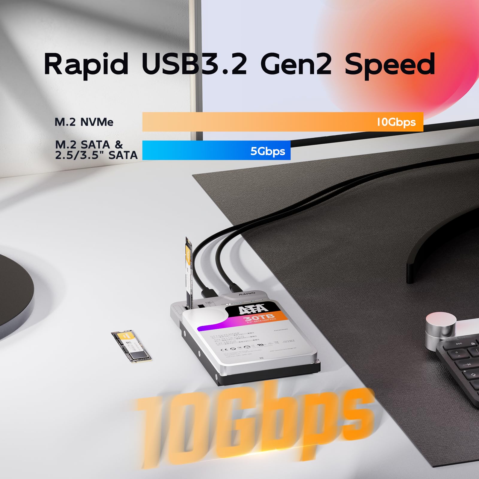 MAIWO M.2 NVMe/SATA e 2.5/3.5" SATA SSD/HDD Docking Station, Cloner per disco rigido per SSD/HDD da 2,5/3,5", adattatore M.2 SSD a USB A C Reader per chiave M Key B + M, USB3.2 Gen2x1 fino a 10 Gbps