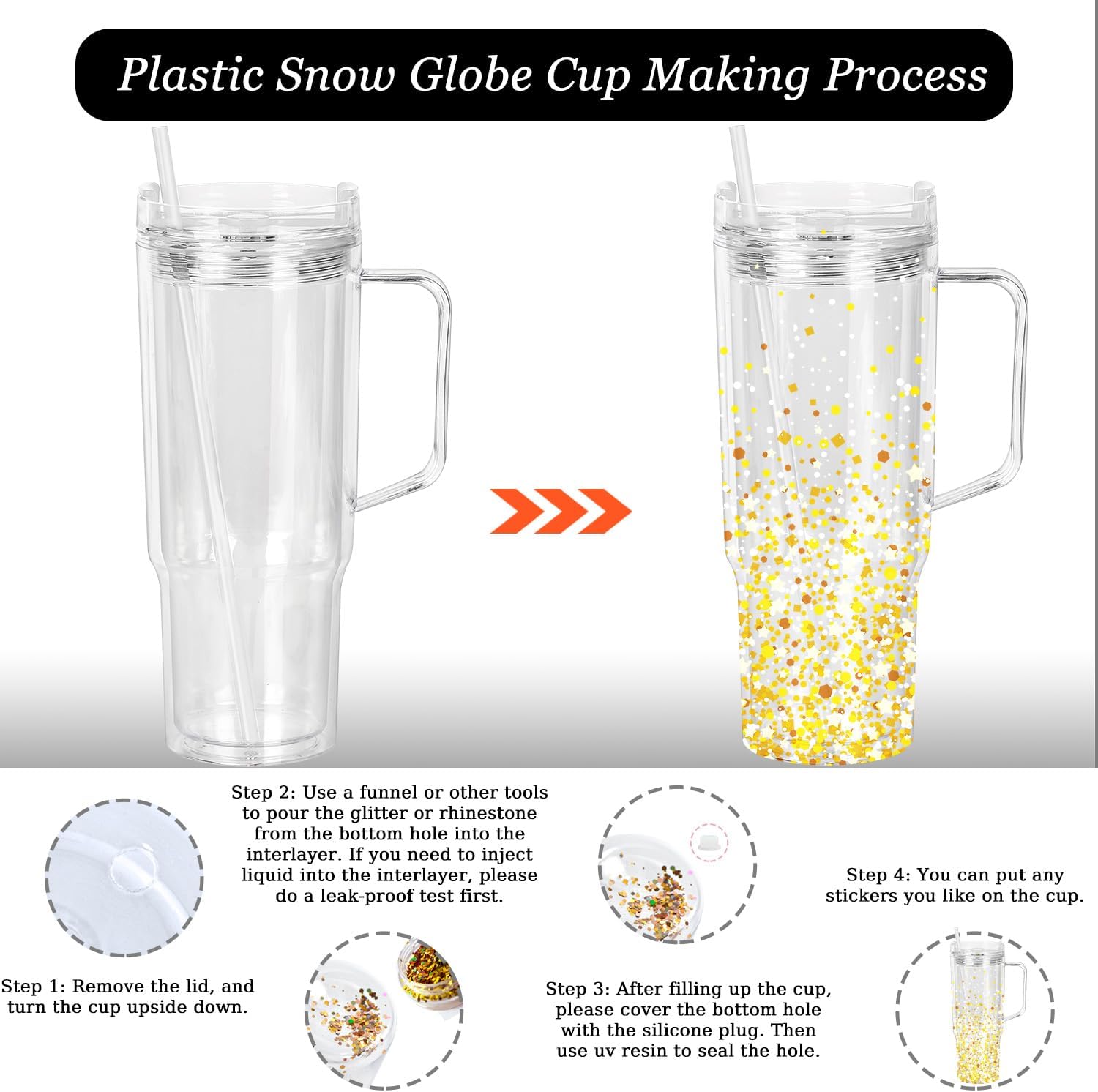 40 Oz Plastic snow globe tumbler with Handle, 8 Pack Pre-Drilled Double Wall Acrylic Clear For Glitter Snow Globe Diy, Double Wall For Glitter Snow Globe, Snowglobe Tumbler Supplies - Image 7