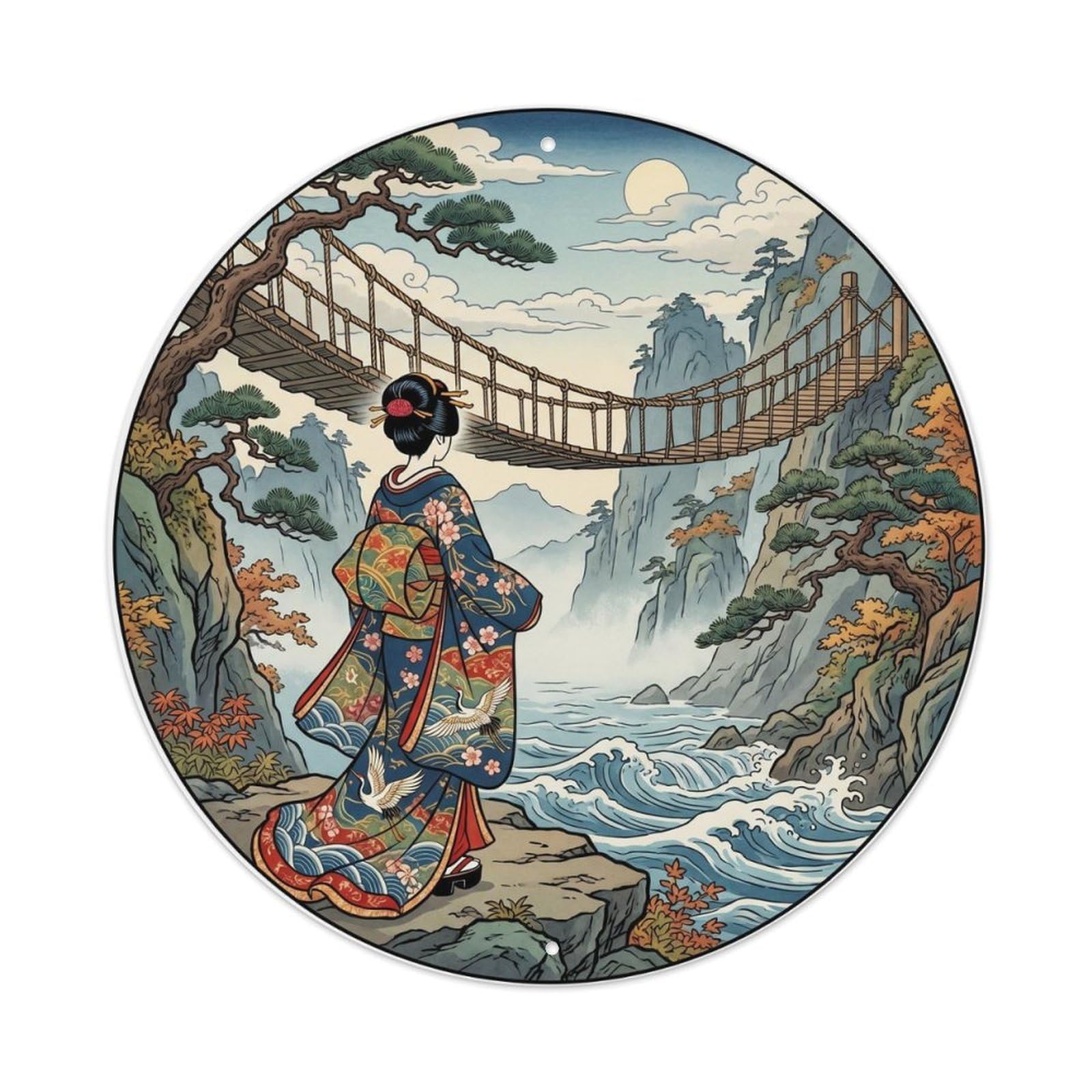 Galvaxio Style Japanese Kimono Woman Viewing Suspension Bridge Swaying Metal Tin Sign