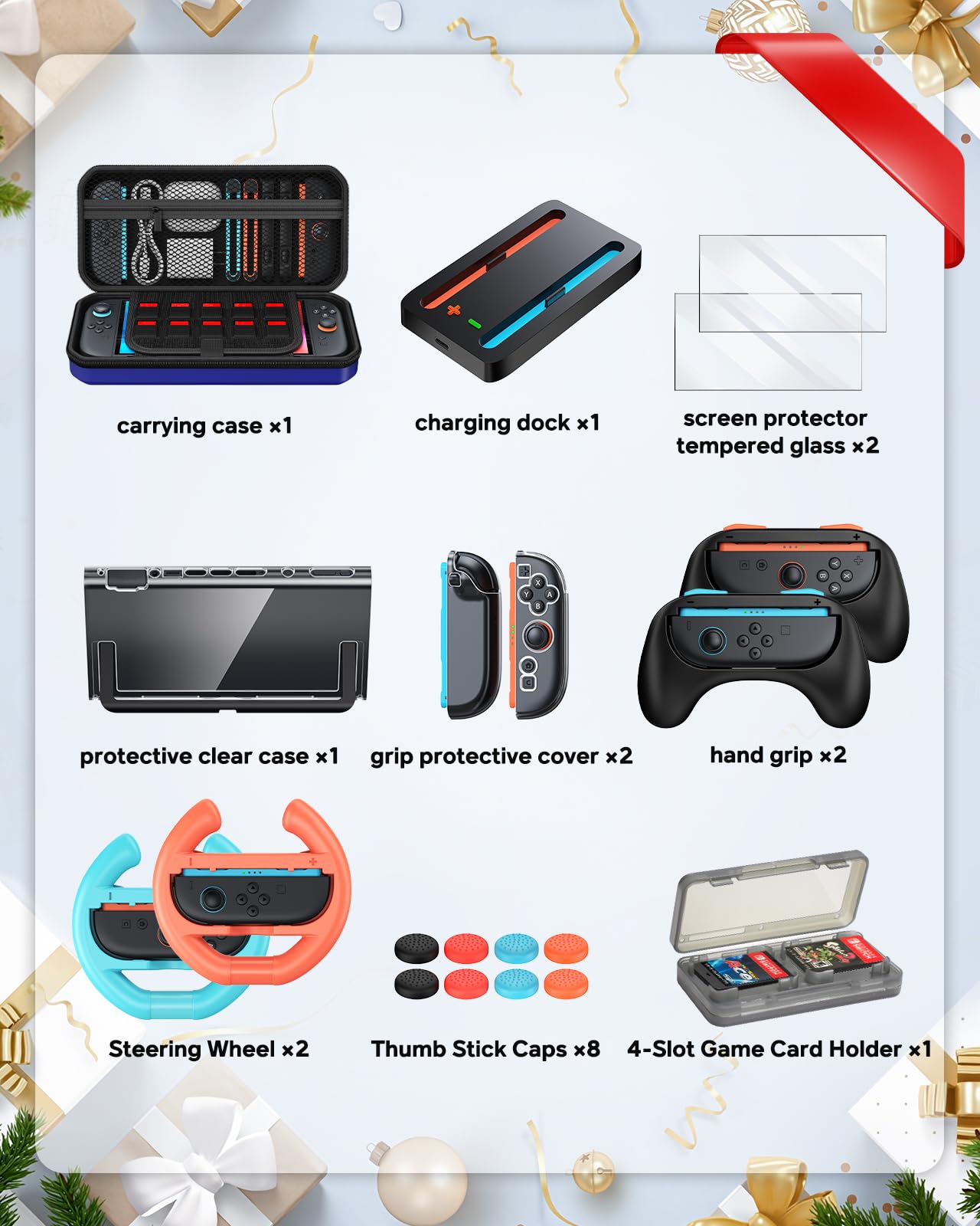 [20-in-1] switch 2 accessoires, étui de transport, chargeur de manette Switch 2, protecteur d'écran, poignées pour Joy Con, volants pour Mario Kart, étui de protection transparent (Blue)