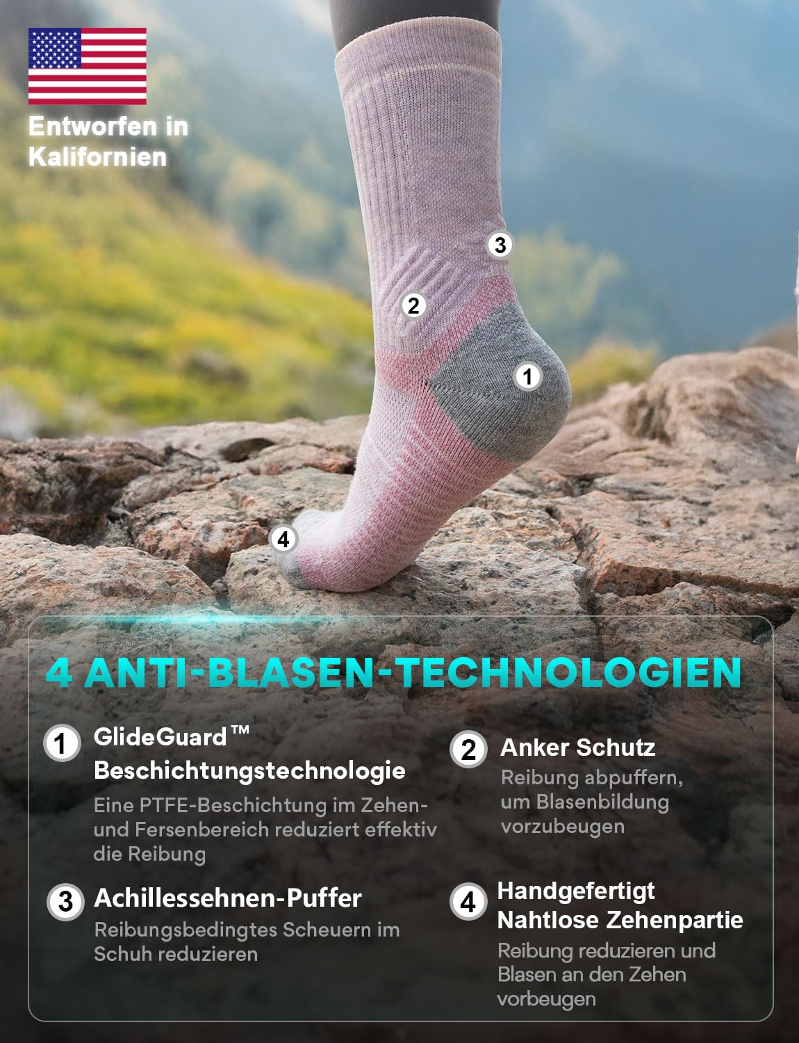 Juclise Sommer Merinowolle Wandersocken für Damen mit Kompression Anti-Blasen-Polsterung atmungsaktiv anti-schweiß