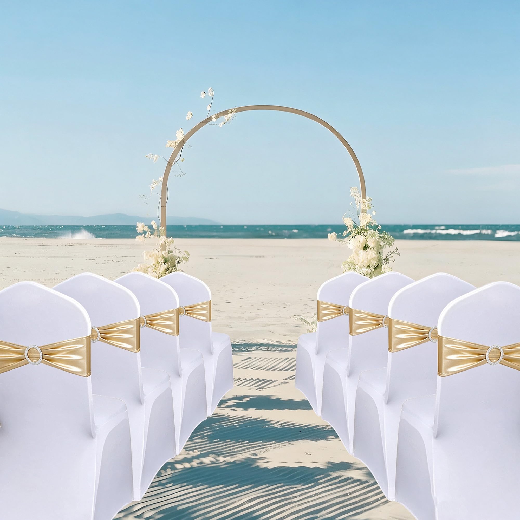 50 x Spandex-Stuhlschärpen Elastische Stuhl-Schärpen mit Schnalle&Schleife | Metallic Gold Stuhlschärpen Stuhlhussen Feier Dekoration für Hochzeit, Empfang, Bankett, Babyparty, 13 x 35cm