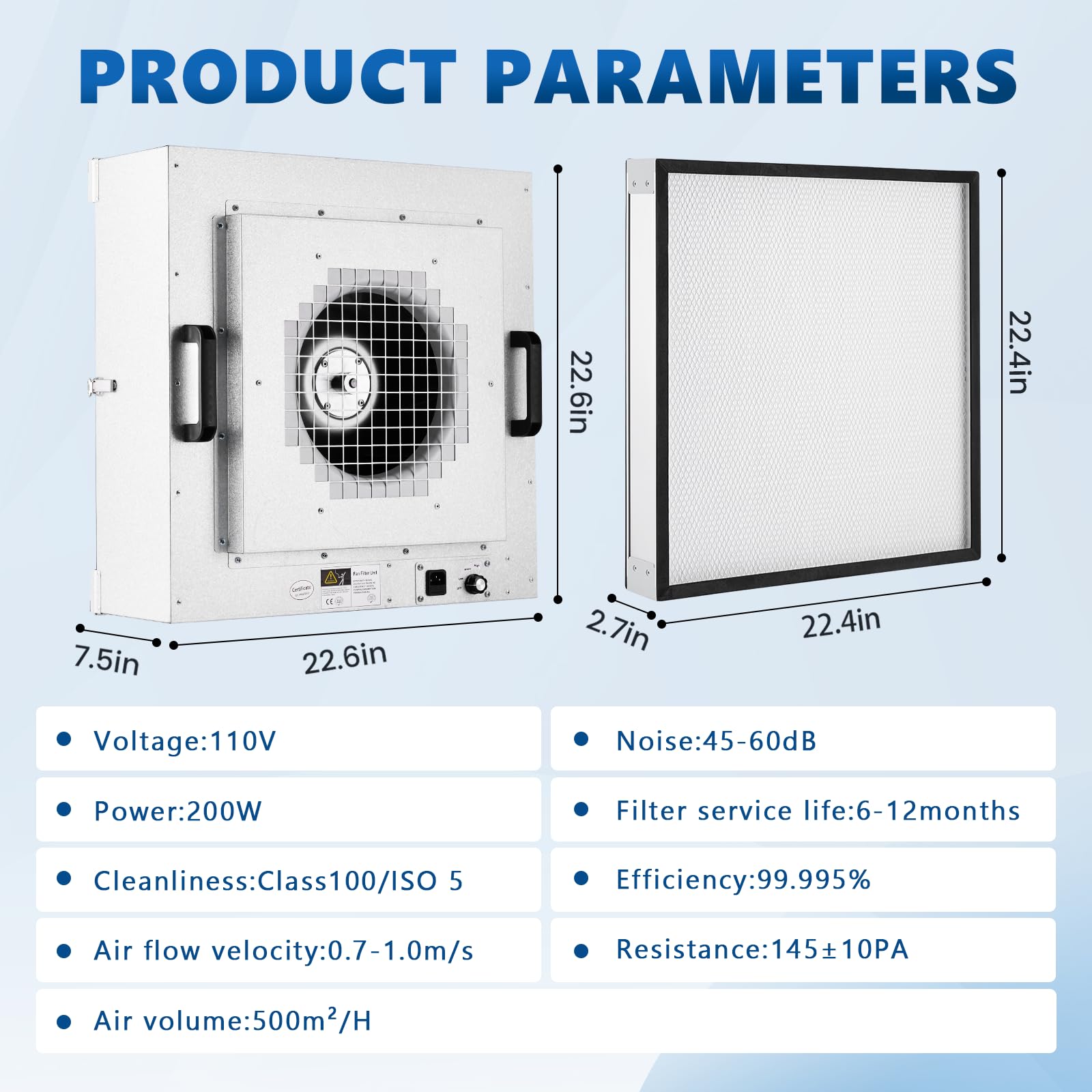 FFU Lüfterfiltereinheit mit H14 HEPA-Filter, 57,4 x 57,4 cm, laminare Durchflusshaube, Klasse 100/ISO 5, 110 V einstellbare Geschwindigkeit, Luftreiniger für Mykologie, Labor und Reinraum
