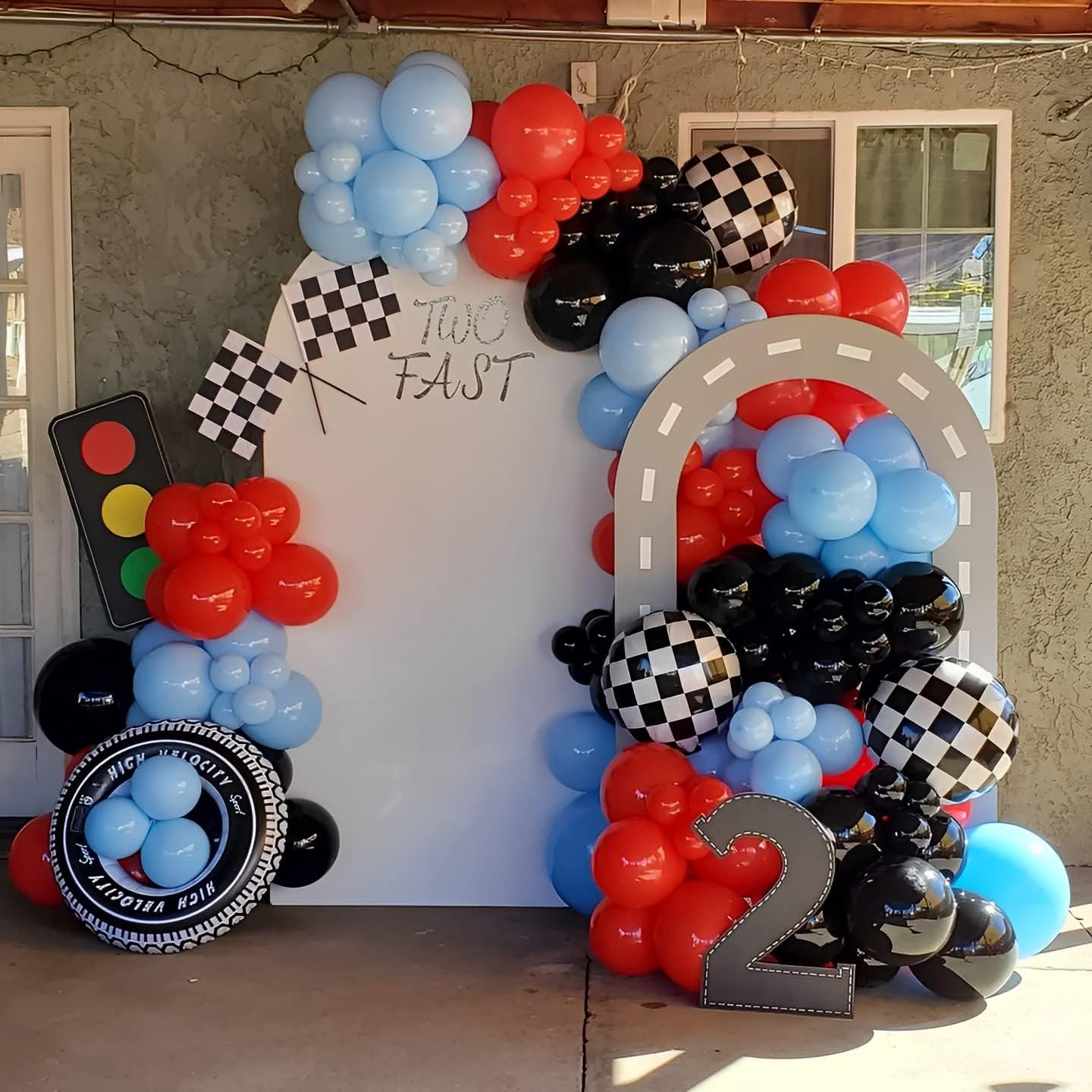 Race Car Balloons Arch Garland Kit,151pcs Red Blue Latex and Checkered Wheel Tire Balloons for Racing Car Two Fast Birthday Party Decorations