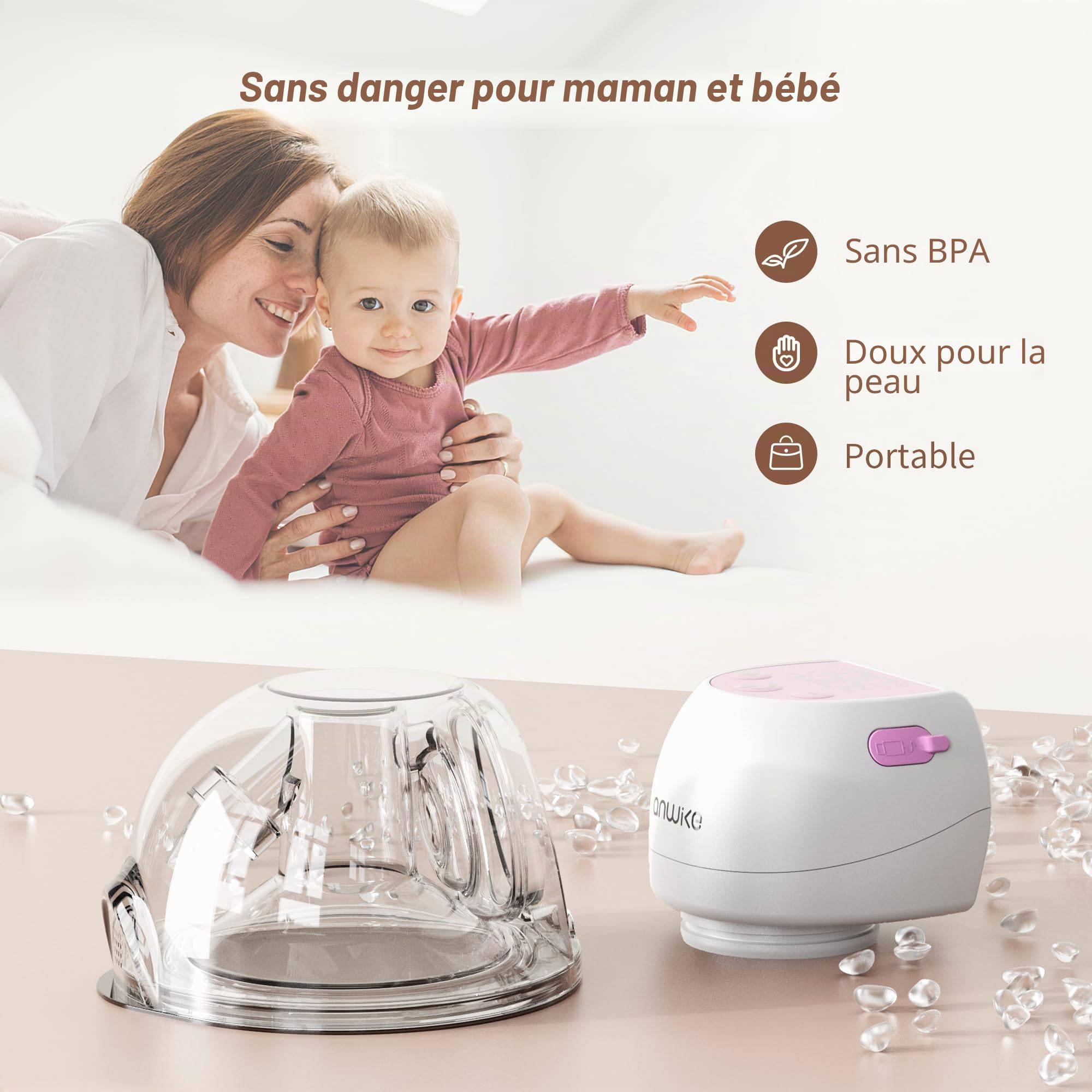 ANWIKE Tire-lait électrique 193 g - Tire-lait mains libres ultra léger avec écran LED, 3 modes 9 niveaux, silencieux < 40 dB, avec brides de 21/24 mm - Idéal pour la maison, la voiture, la pharmacie
