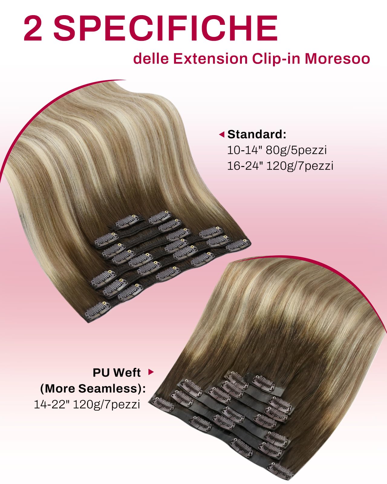 Moresoo Extension Capelli Veri Clip Balayage Remy Extension Clip Capelli Veri Lisci Marrone a Marrone Chiaro con Biondo Medio #3/8/22 45 cm 120g 7 Pezzi