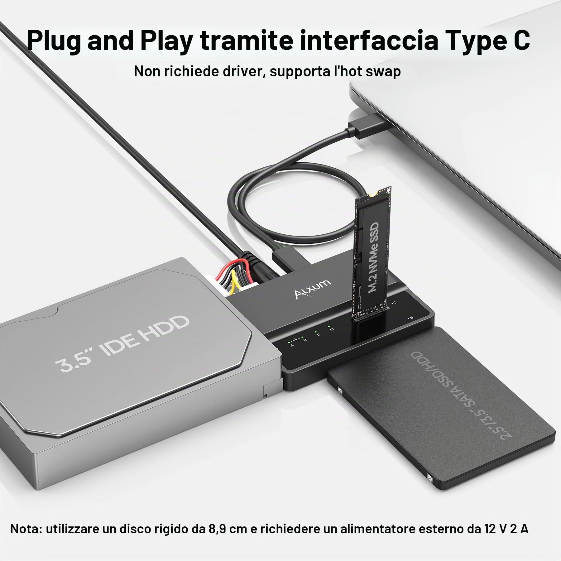 Alxum SSD Enclosure IDE M2 NVME e adattatore per HDD e SSD, adattatore da 10Gbps USB TypeC a M.2 e SATA3 e IDE per PCIe/Nvme e HDD/SSD