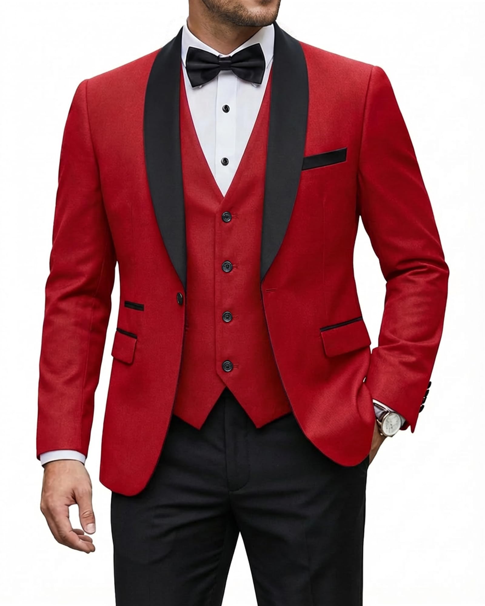 YND Men's 3 Piece Tuxedo Set with Bow Tie, Slim Fit One Button Shawl Lapel Suit Blazer Vest Pants, for Wedding Prom Dinners