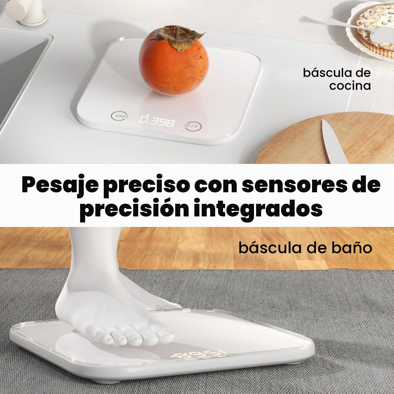 UNIWEIGH Paquete de cocina y baño- Báscula digital de alimentos gramos11lb,Báscula delgada de peso corporal 400lb,Cristal templado,Pantalla LCD con botón táctil,Medición precisa del peso,blanco.