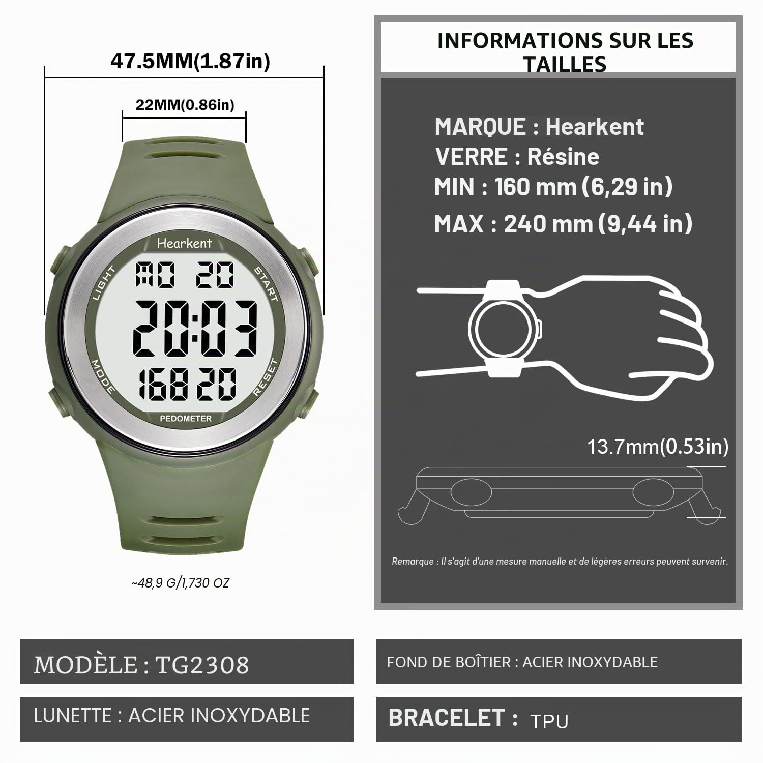Hearkent Montre podomètre étanche avec compteur de pas, calories | Pour personnes âgées sans Bluetooth, pas besoin d'application, grands numéros LCD (vert)