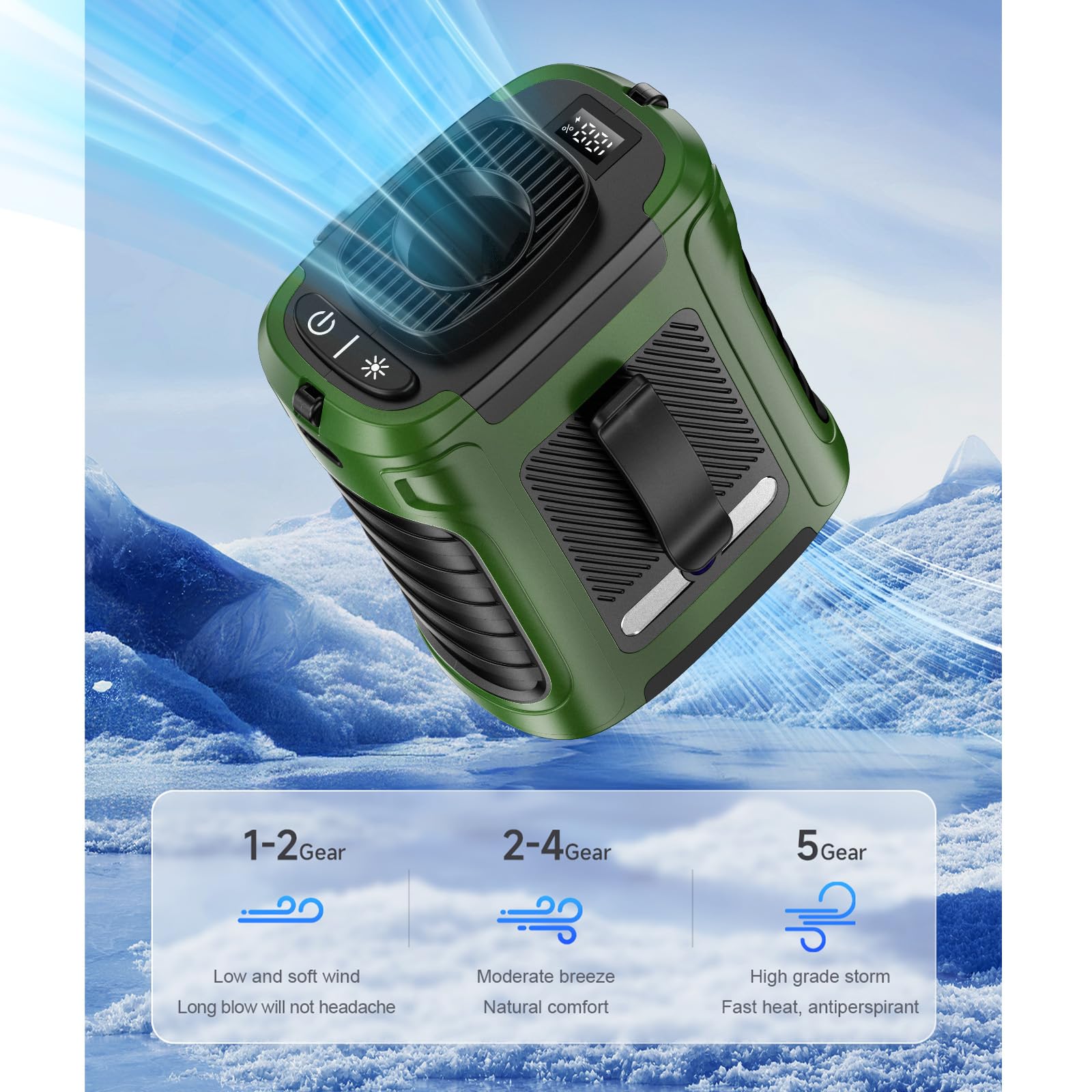 Gemmac Przenośny wentylator do użytku na zewnątrz, wentylator USB z wentylatorem Clip, przenośny mini wentylator z 5 poziomami i oświetleniem, do uprawiania sportu na świeżym powietrzu, na kemping