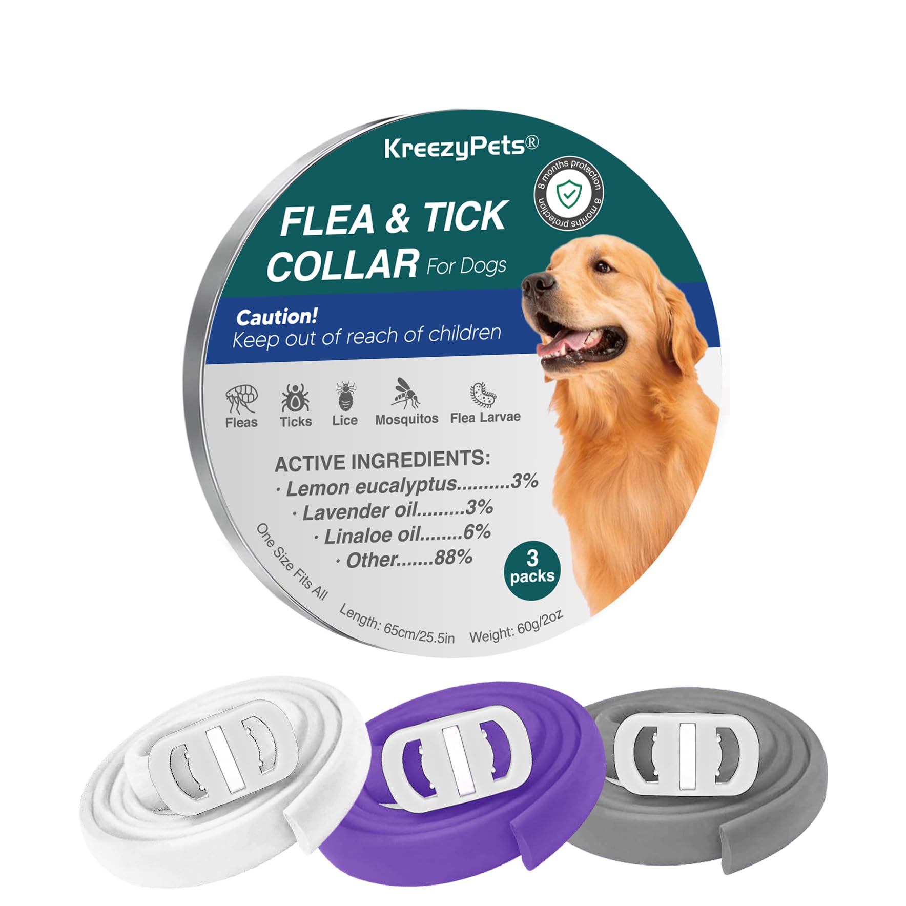 Kreezy Collar antipulgas para Perros, Collar antiparasitario Perros, Collar Repelente de pulgas y garrapatas para Perros, repele piojos y Mosquitos lejos, 3pc adecuados para hogares con Varios Perros