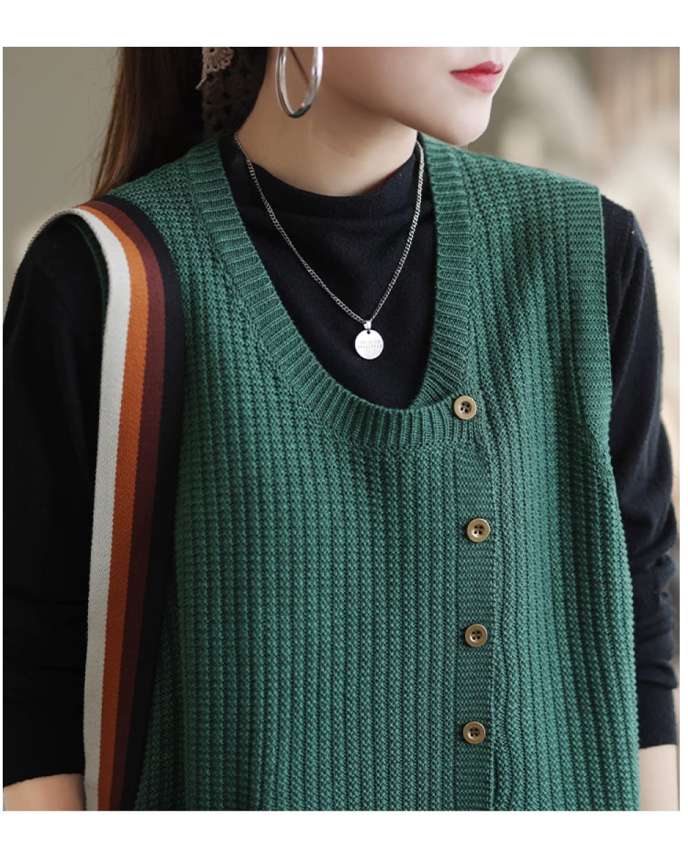 Strickweste Damen Ärmellos,Damen Gilets Strickweste Vintage Grün Rundhals Cardigan Mit Seitlichen Knöpfen Und Taschen Ärmelloser Pullover Pullover Gilets Preppy Style Streetwear Strickpullover T
