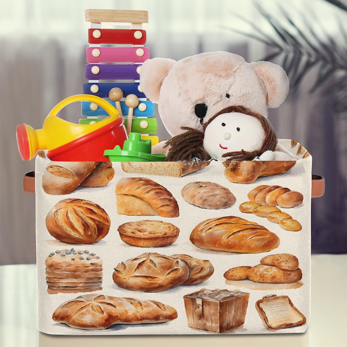 Mexpekil Cesta de almacenamiento con patrón de panes, caja de almacenamiento de juguetes para niños, plegable, organizador de tela para estantes, cesta de regalo grande con asas, 2 piezas
