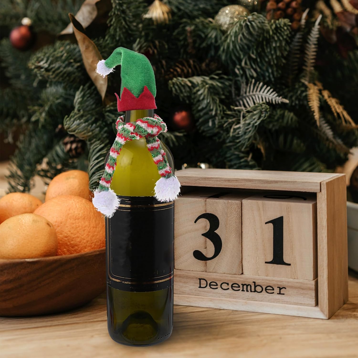 Xmas Wine Bottle Hat Scarf Set, Green Cloth Festive Decoration